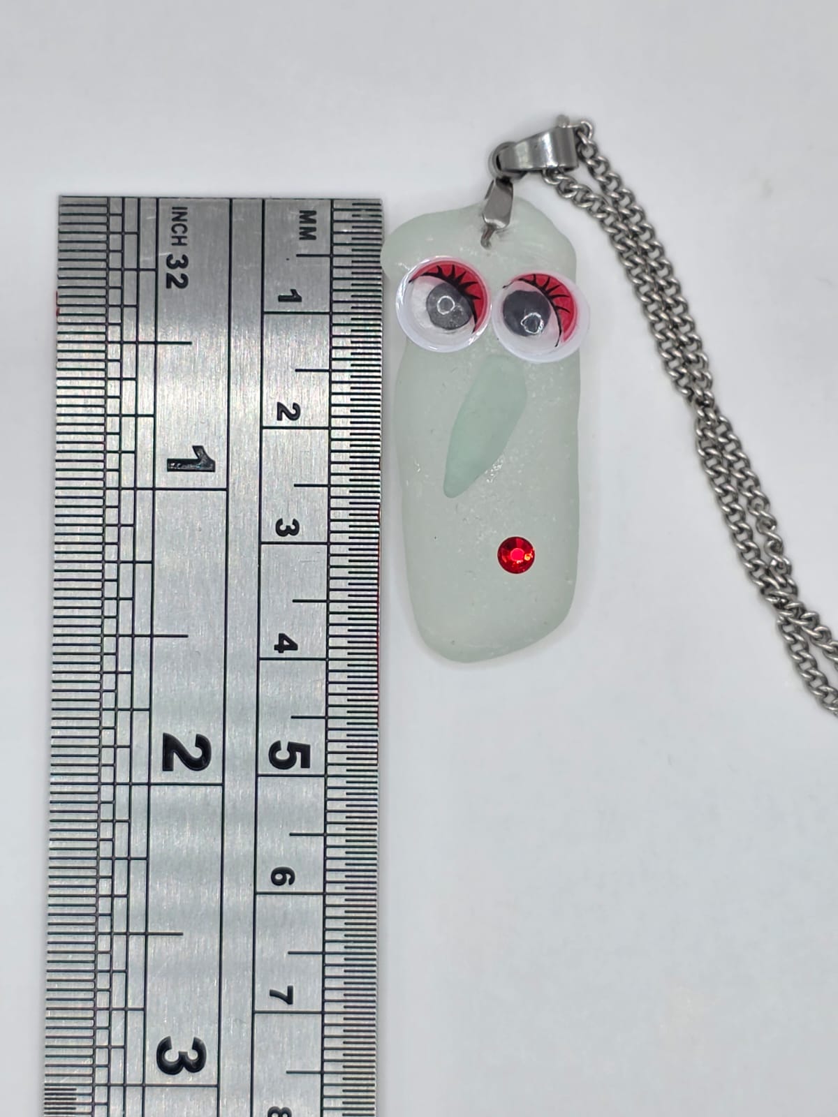 Sea Glass Novelty Humorous Face Necklace with Sparkling Rhinestones, Hand-Collected Frosted Sea Glass Pendant
