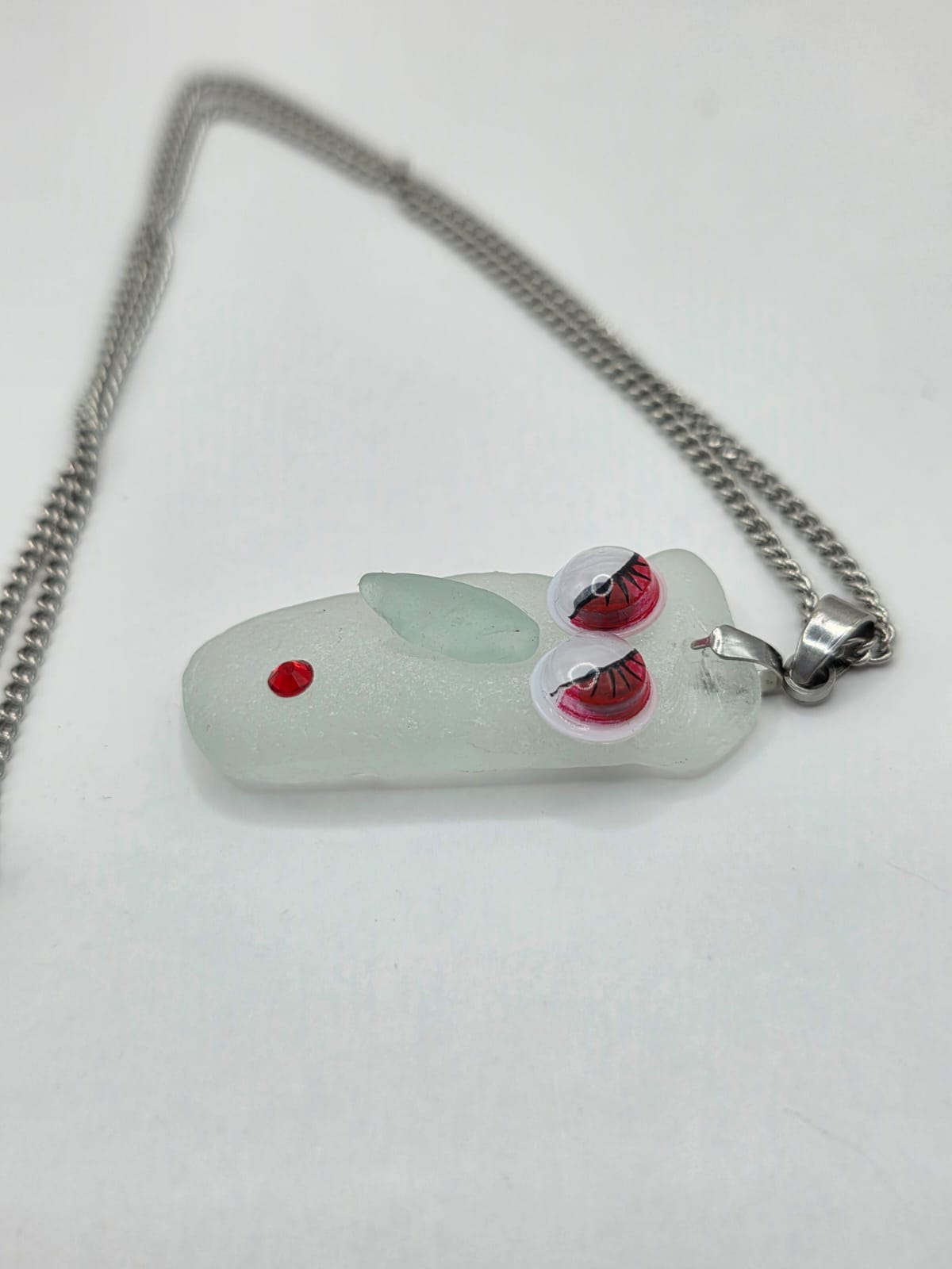 Sea Glass Novelty Humorous Face Necklace with Sparkling Rhinestones, Hand-Collected Frosted Sea Glass Pendant