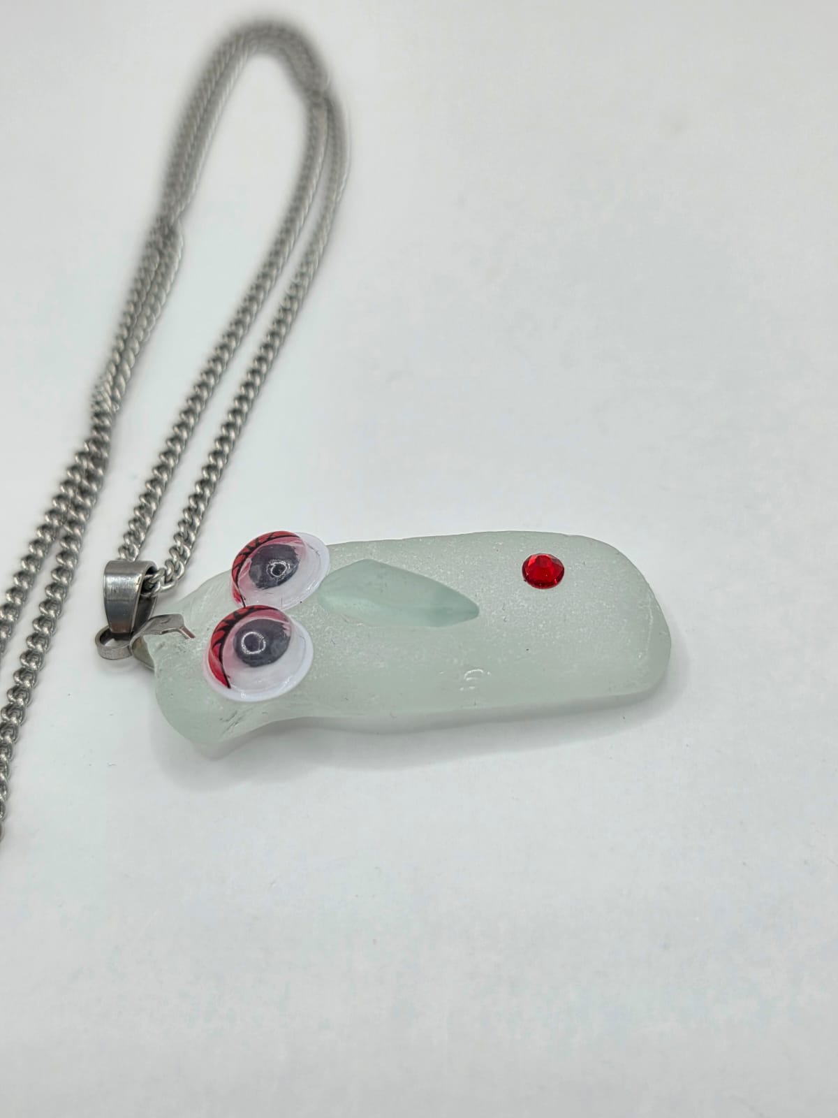 Sea Glass Novelty Humorous Face Necklace with Sparkling Rhinestones, Hand-Collected Frosted Sea Glass Pendant