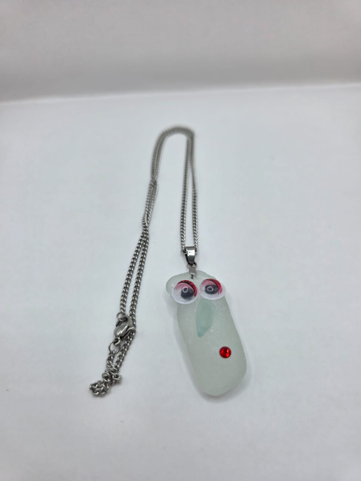 Sea Glass Novelty Humorous Face Necklace with Sparkling Rhinestones, Hand-Collected Frosted Sea Glass Pendant