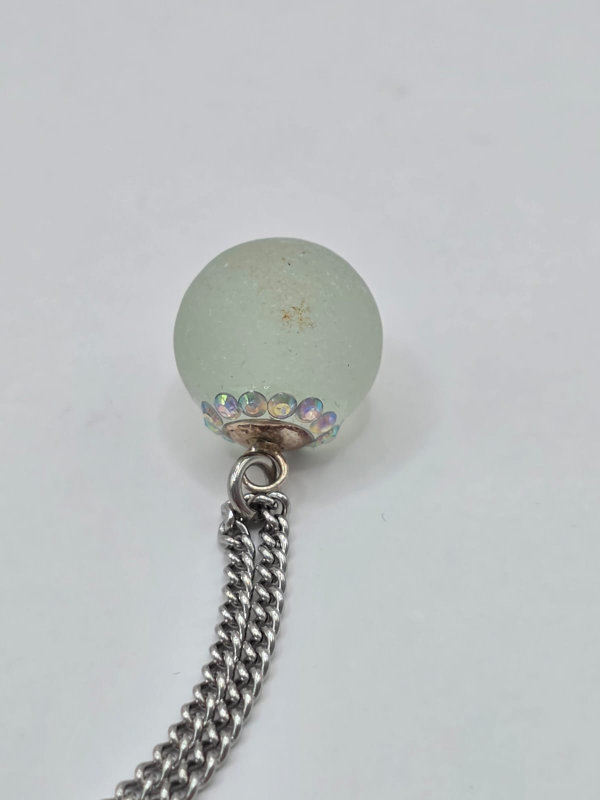 Genuine Sea Glass Marble Necklace with Sparkling Rhinestones, Hand-Collected Frosted Sea Glass Pendant