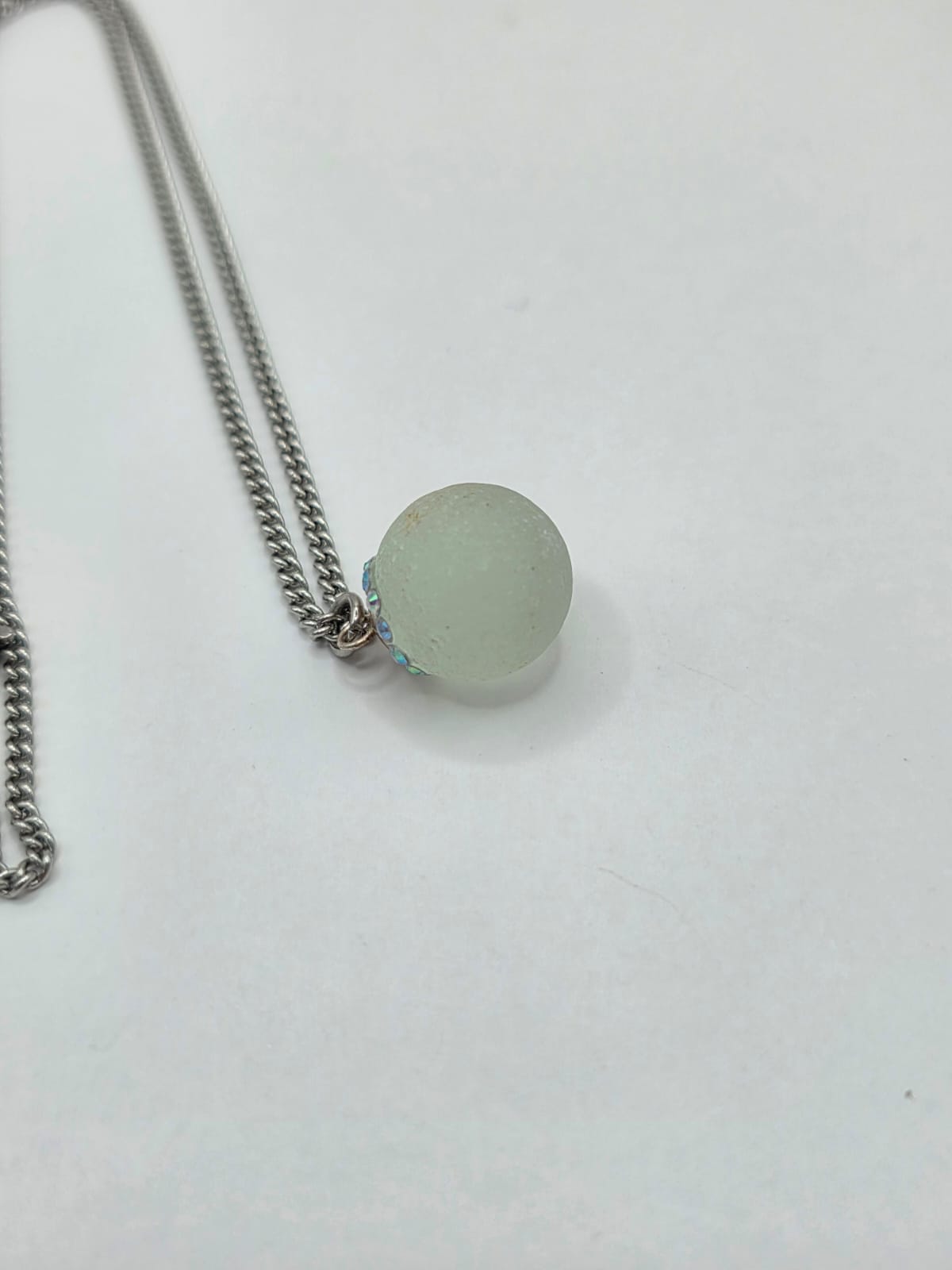 Genuine Sea Glass Marble Necklace with Sparkling Rhinestones, Hand-Collected Frosted Sea Glass Pendant
