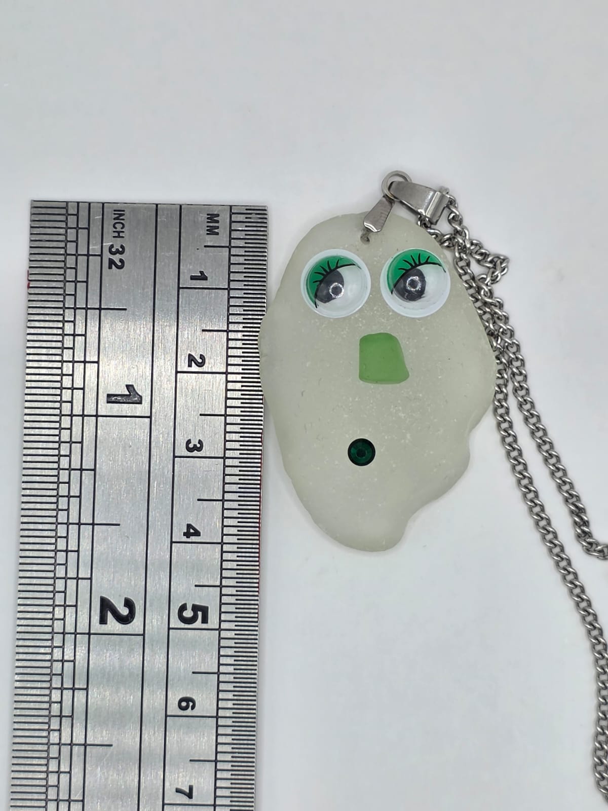 Sea Glass Novelty Humorous Face Necklace with Sparkling Rhinestones, Hand-Collected Frosted Sea Glass Pendant