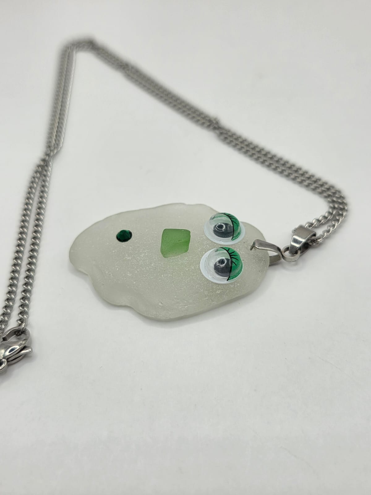 Sea Glass Novelty Humorous Face Necklace with Sparkling Rhinestones, Hand-Collected Frosted Sea Glass Pendant