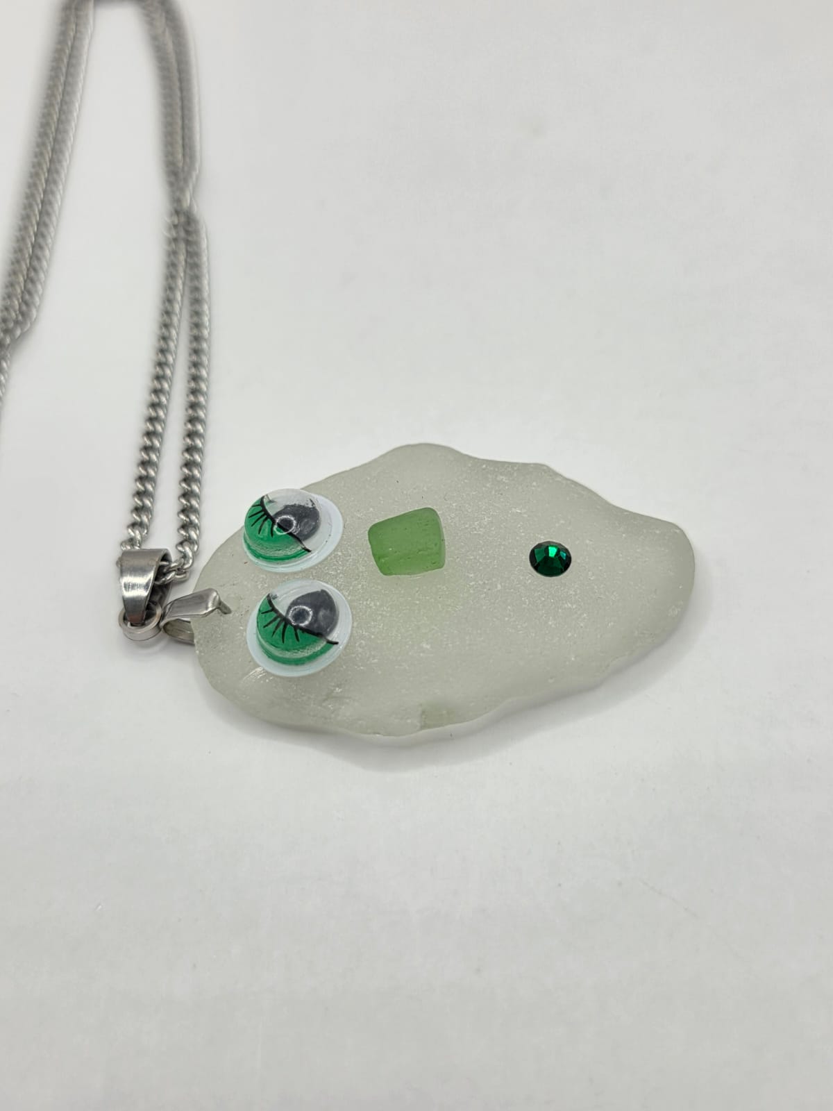 Sea Glass Novelty Humorous Face Necklace with Sparkling Rhinestones, Hand-Collected Frosted Sea Glass Pendant