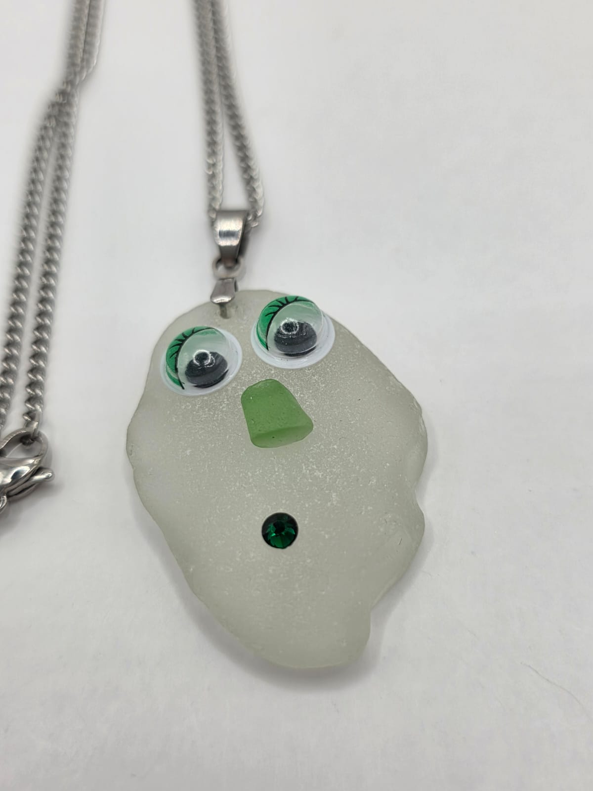 Sea Glass Novelty Humorous Face Necklace with Sparkling Rhinestones, Hand-Collected Frosted Sea Glass Pendant