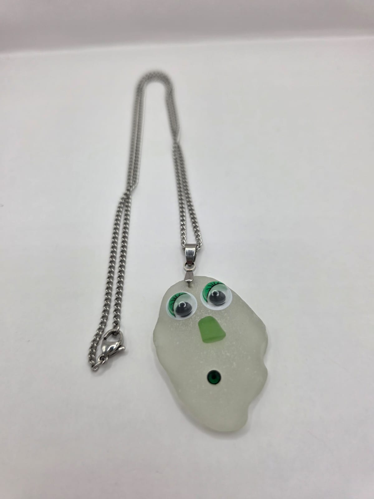 Sea Glass Novelty Humorous Face Necklace with Sparkling Rhinestones, Hand-Collected Frosted Sea Glass Pendant