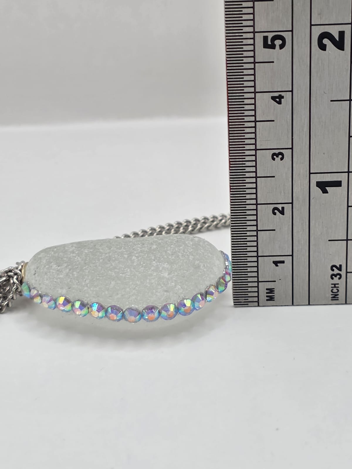 Genuine Large Chunky Sea Glass  Necklace with Sparkling Rhinestones, Hand-Collected Frosted Sea Glass Pendant