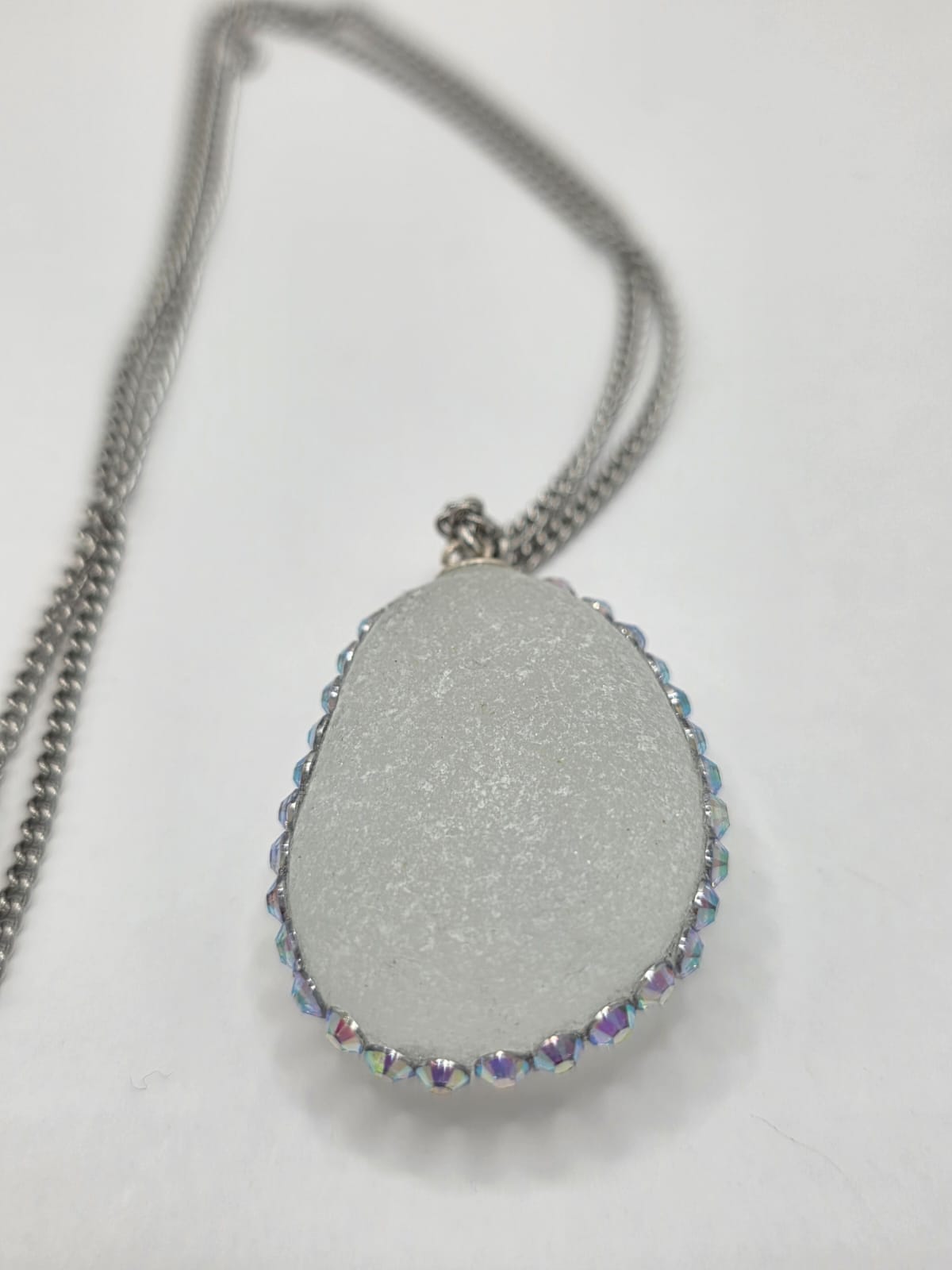 Genuine Large Chunky Sea Glass  Necklace with Sparkling Rhinestones, Hand-Collected Frosted Sea Glass Pendant