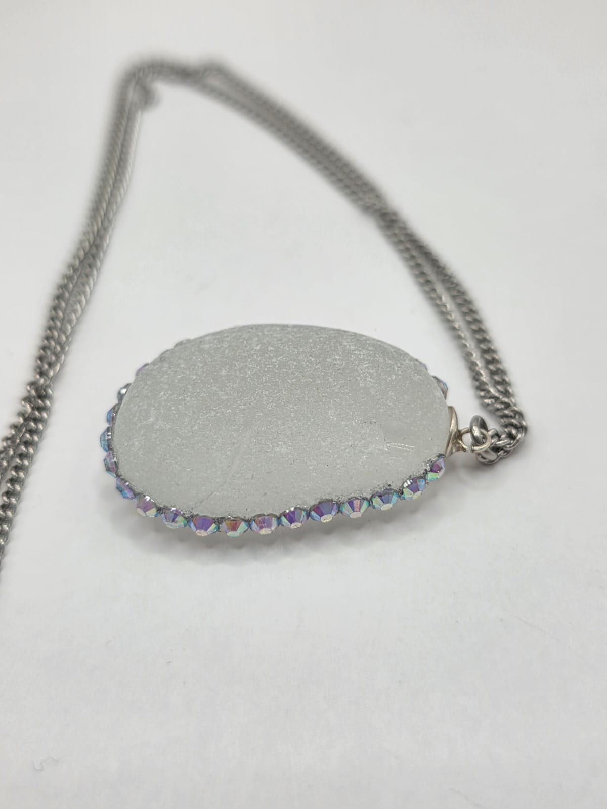 Genuine Large Chunky Sea Glass  Necklace with Sparkling Rhinestones, Hand-Collected Frosted Sea Glass Pendant