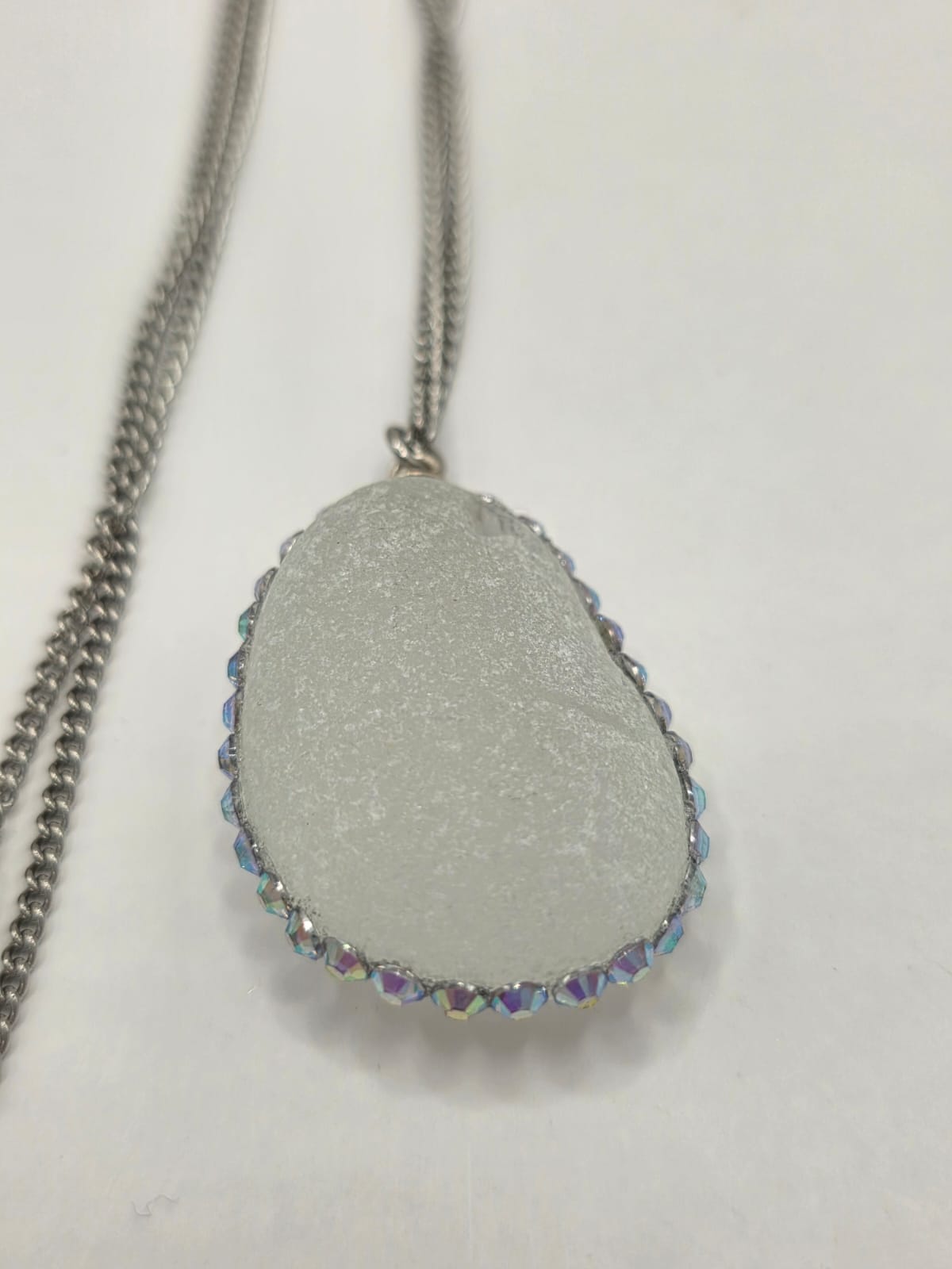 Genuine Large Chunky Sea Glass  Necklace with Sparkling Rhinestones, Hand-Collected Frosted Sea Glass Pendant