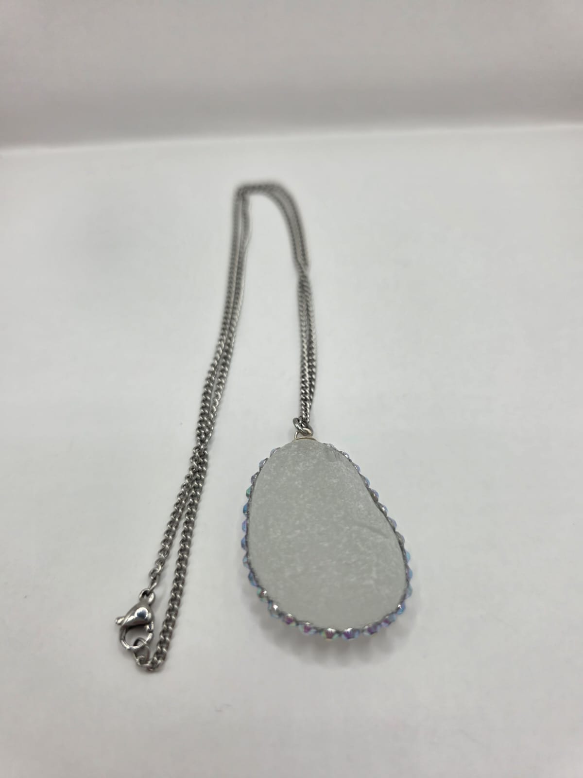 Genuine Large Chunky Sea Glass  Necklace with Sparkling Rhinestones, Hand-Collected Frosted Sea Glass Pendant