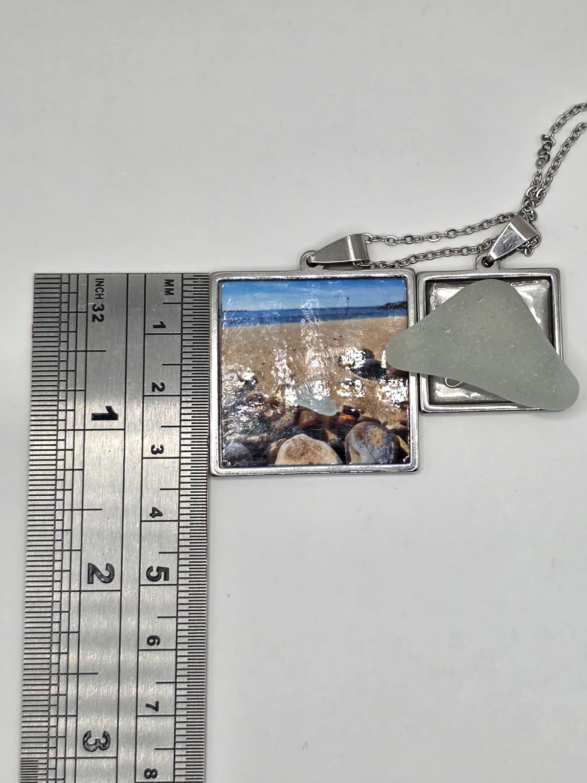 Sea glass and sea glass photo double pendant necklace featuring the actual found piece of sea glass in the photo