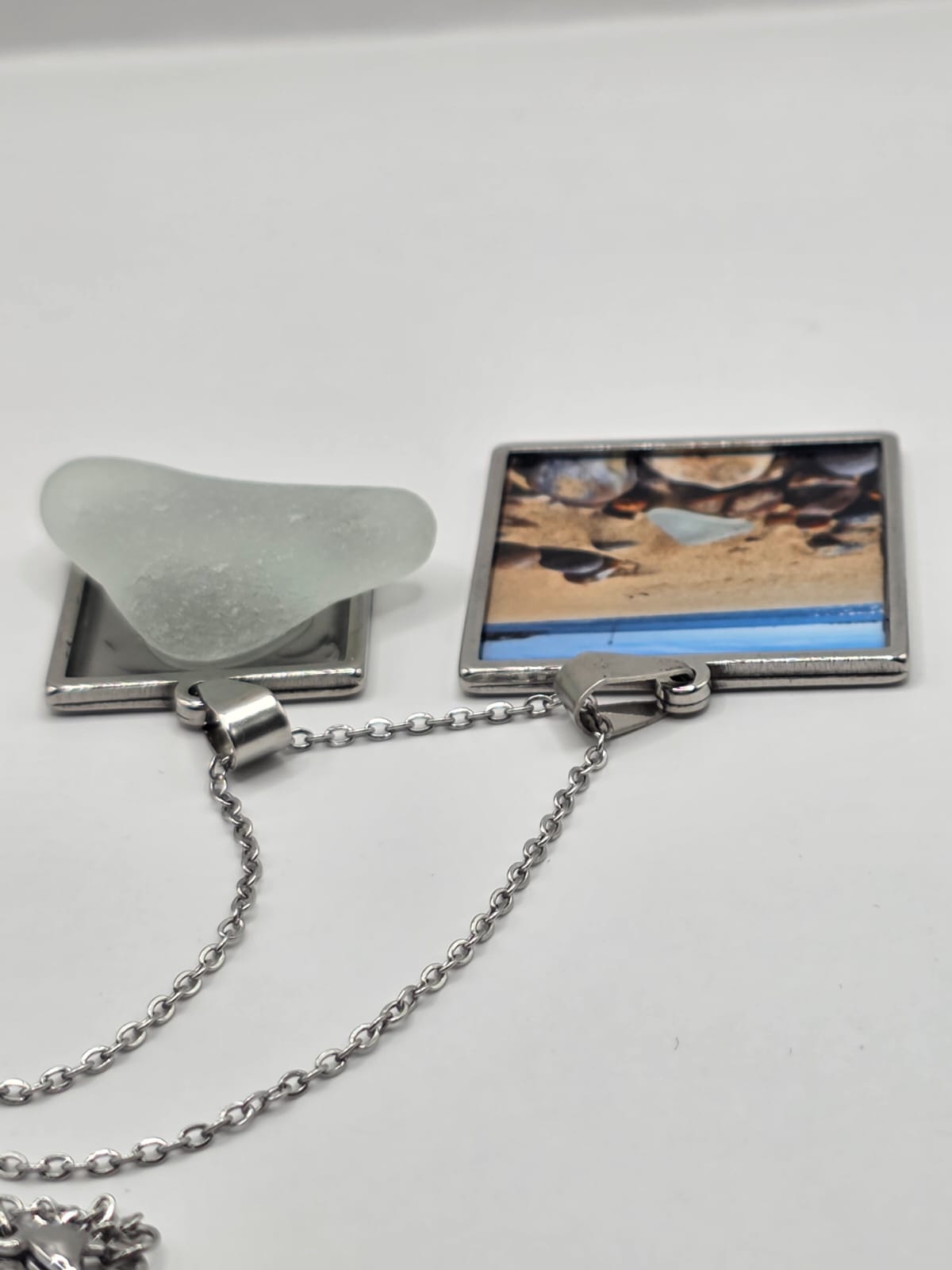 Sea glass and sea glass photo double pendant necklace featuring the actual found piece of sea glass in the photo