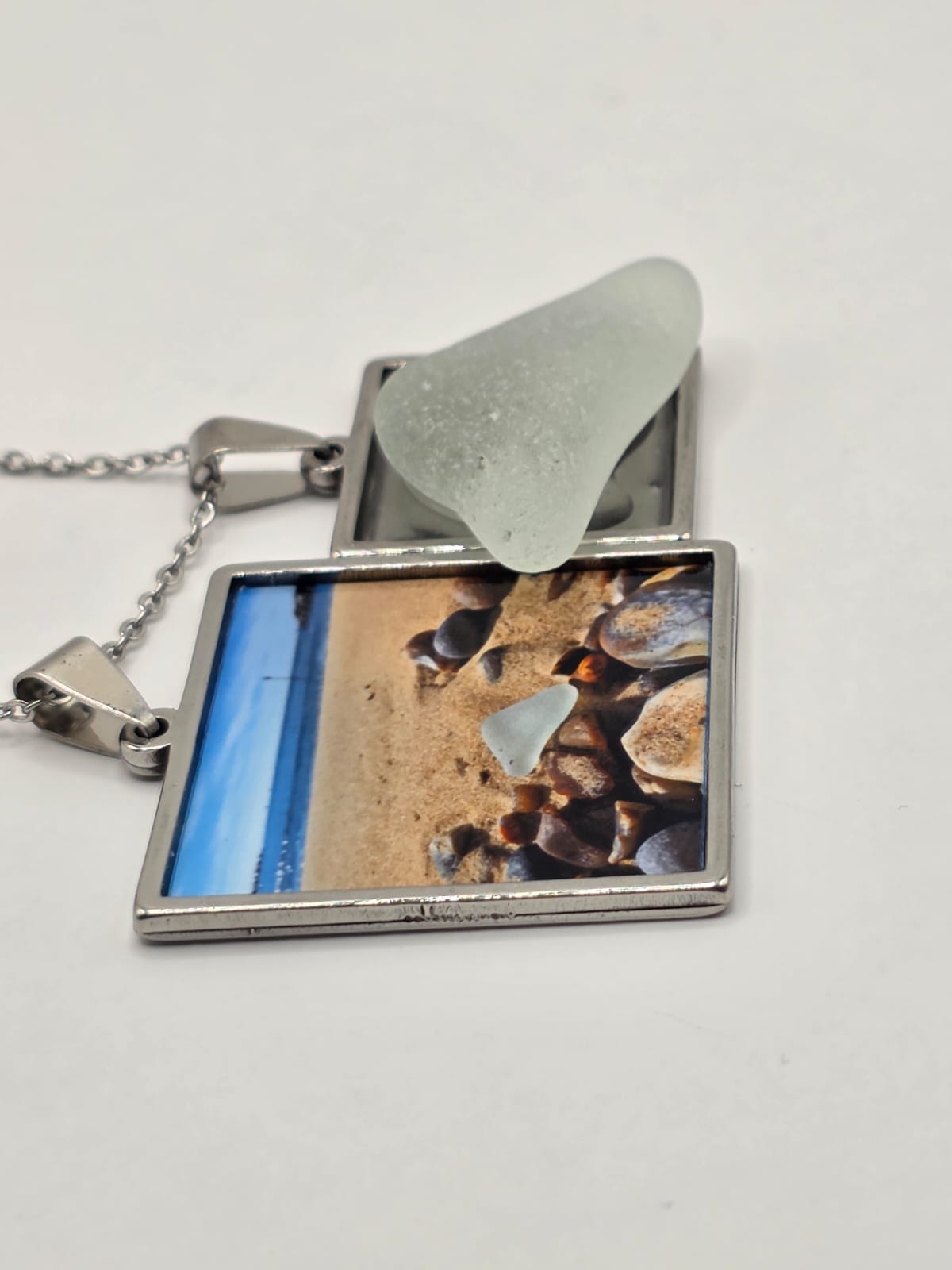 Sea glass and sea glass photo double pendant necklace featuring the actual found piece of sea glass in the photo