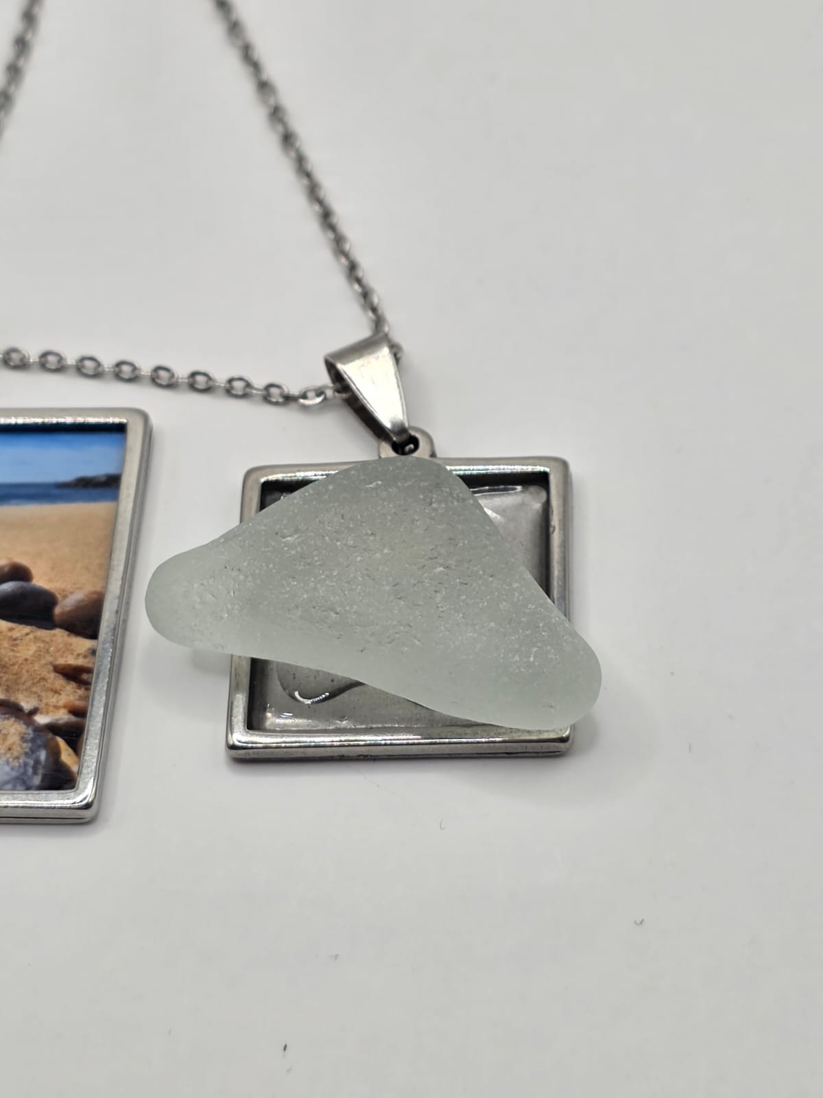 Sea glass and sea glass photo double pendant necklace featuring the actual found piece of sea glass in the photo
