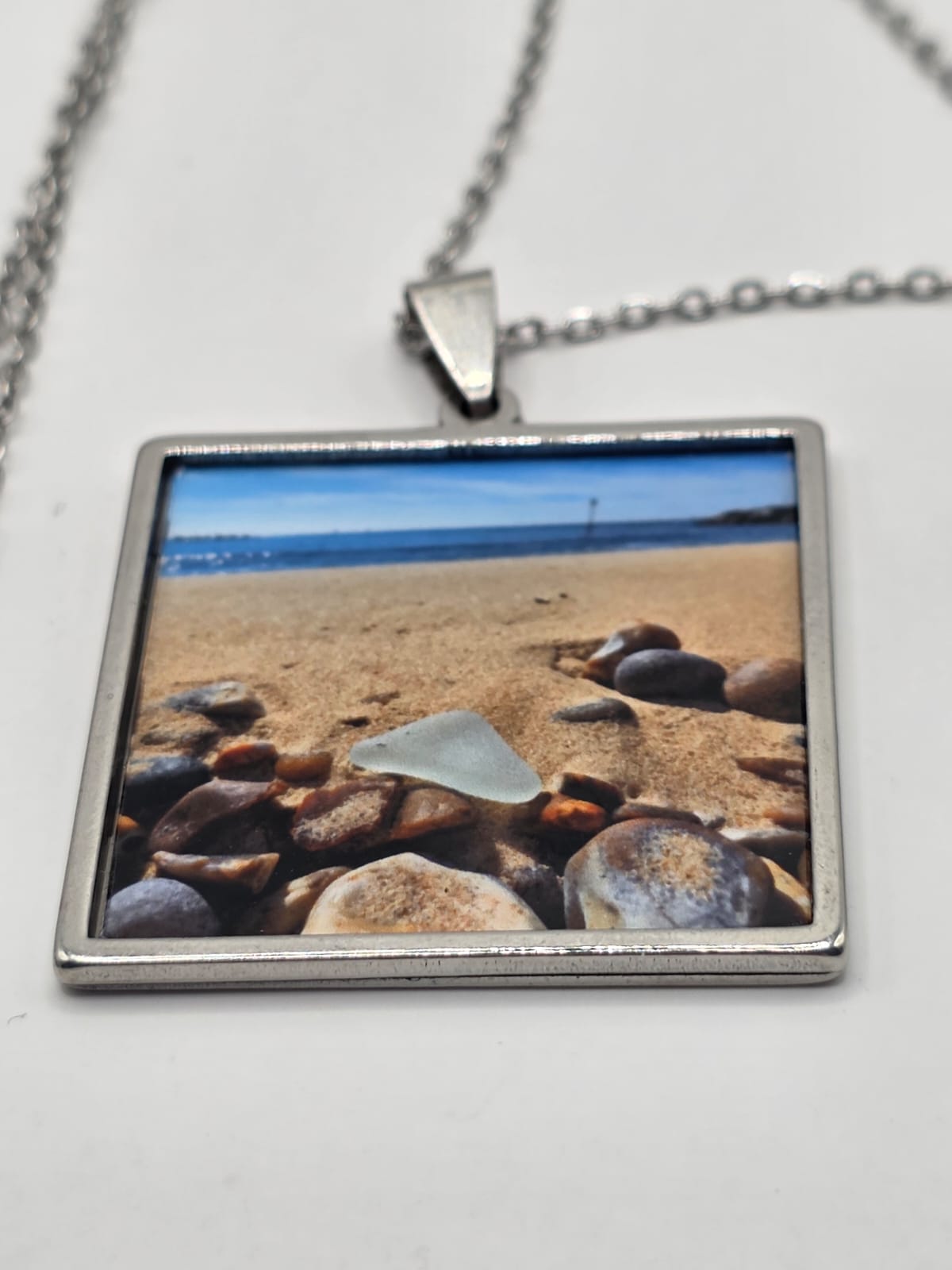Sea glass and sea glass photo double pendant necklace featuring the actual found piece of sea glass in the photo