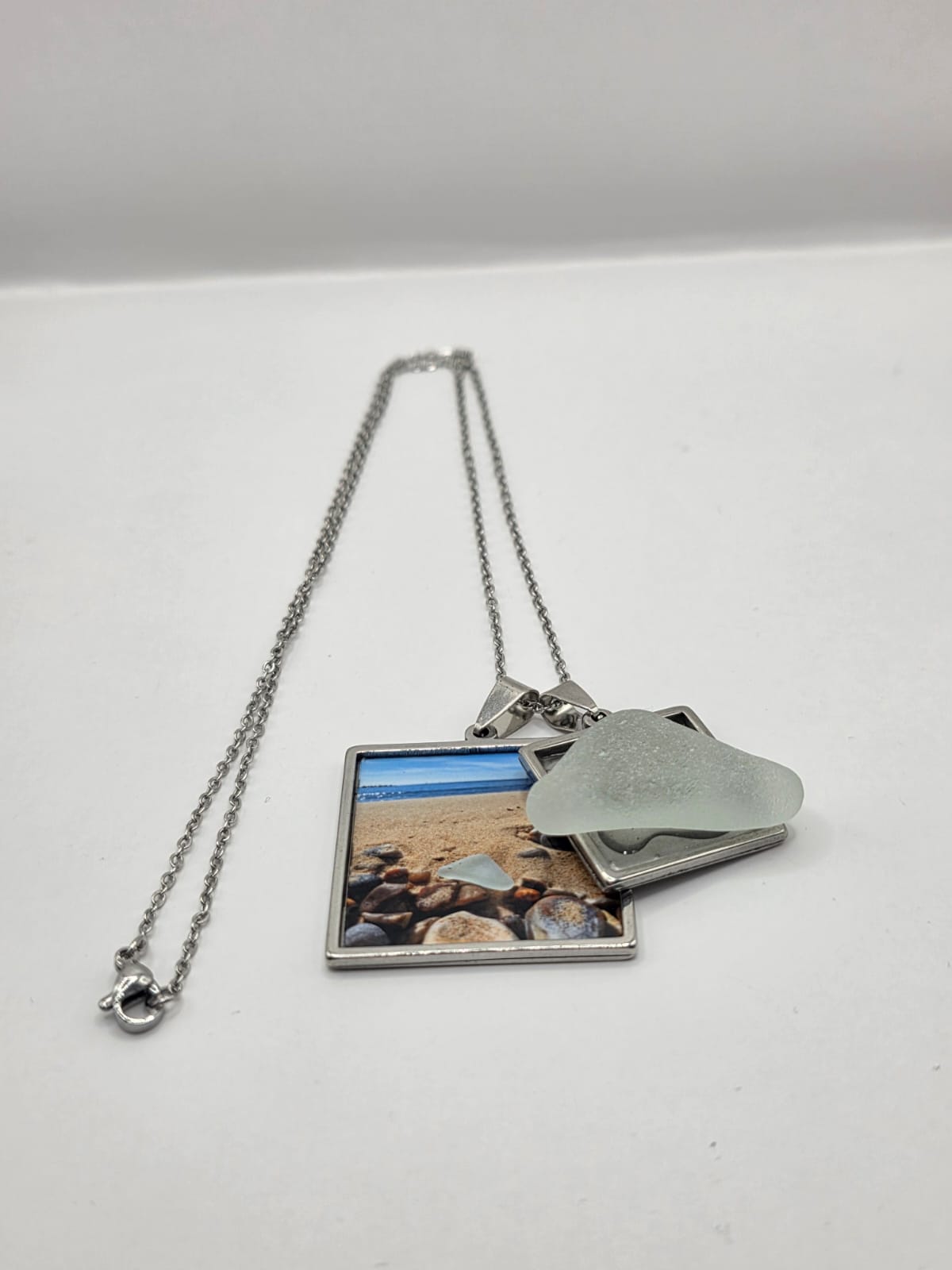 Sea glass and sea glass photo double pendant necklace featuring the actual found piece of sea glass in the photo
