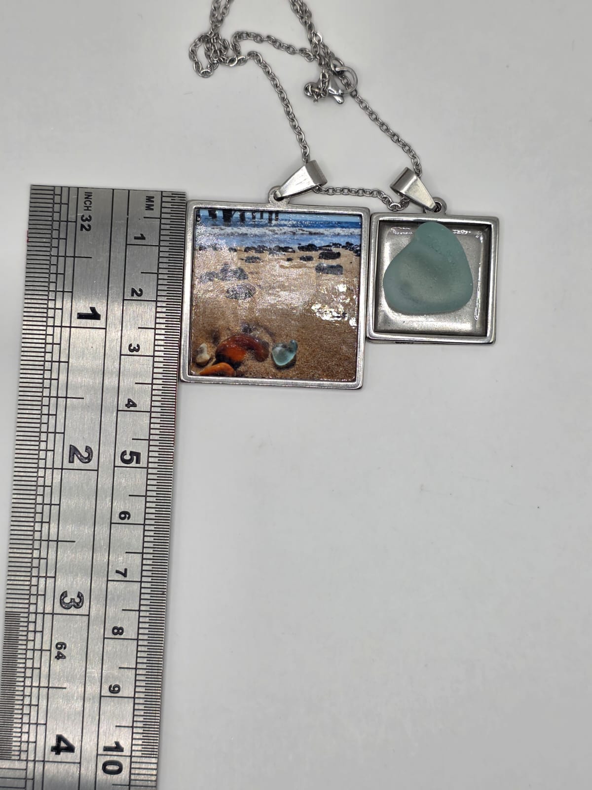 Sea glass and sea glass photo double pendant necklace featuring the actual found piece of sea glass in the photo
