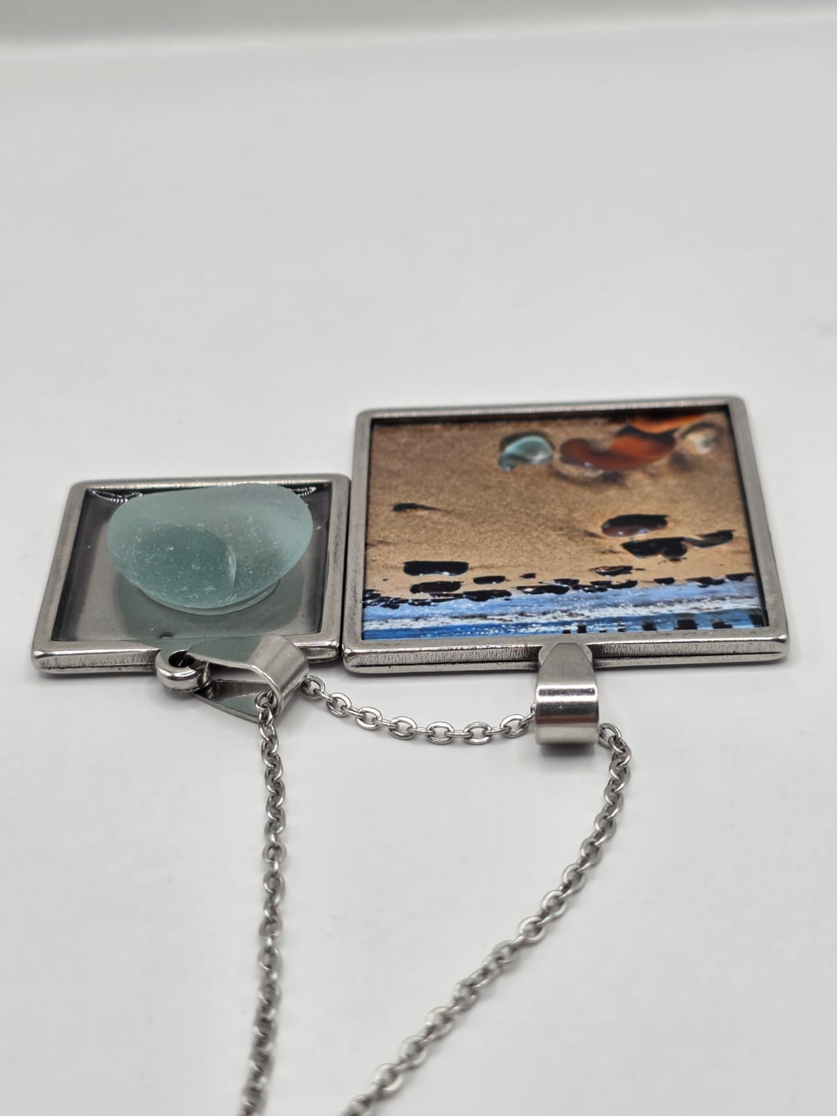 Sea glass and sea glass photo double pendant necklace featuring the actual found piece of sea glass in the photo