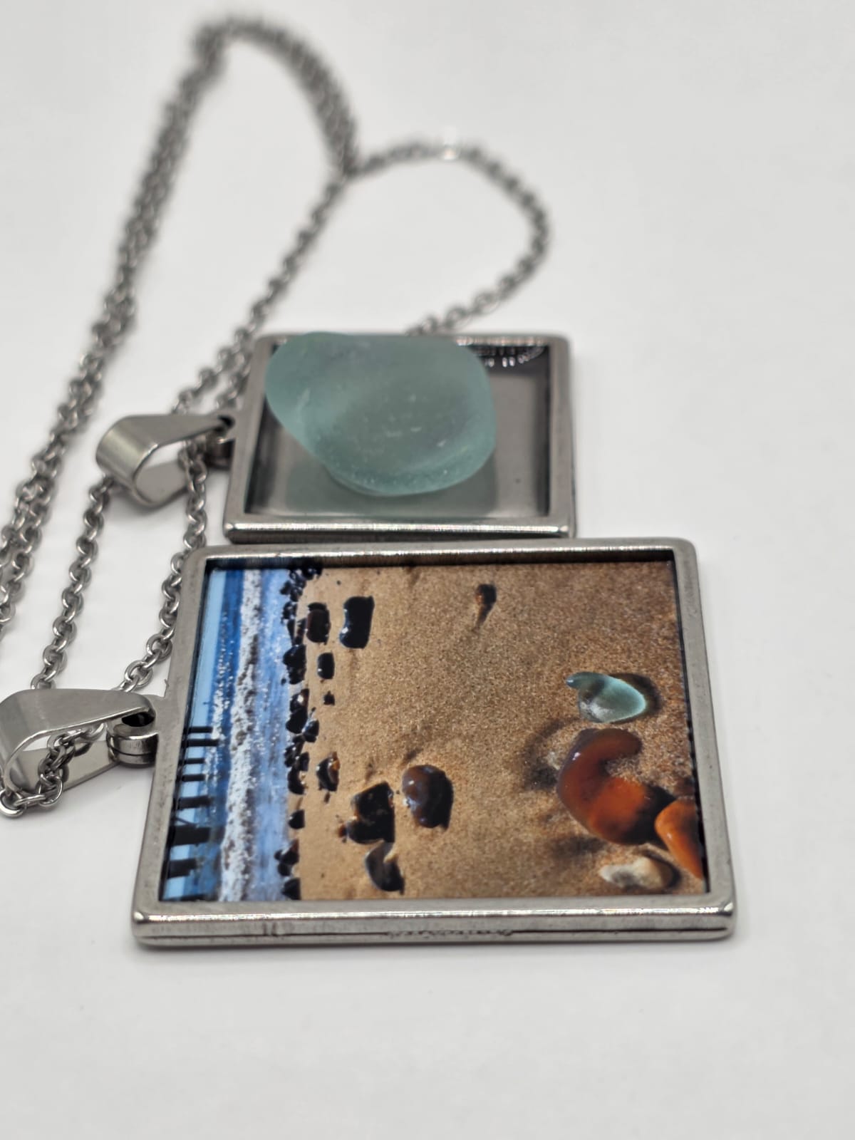 Sea glass and sea glass photo double pendant necklace featuring the actual found piece of sea glass in the photo