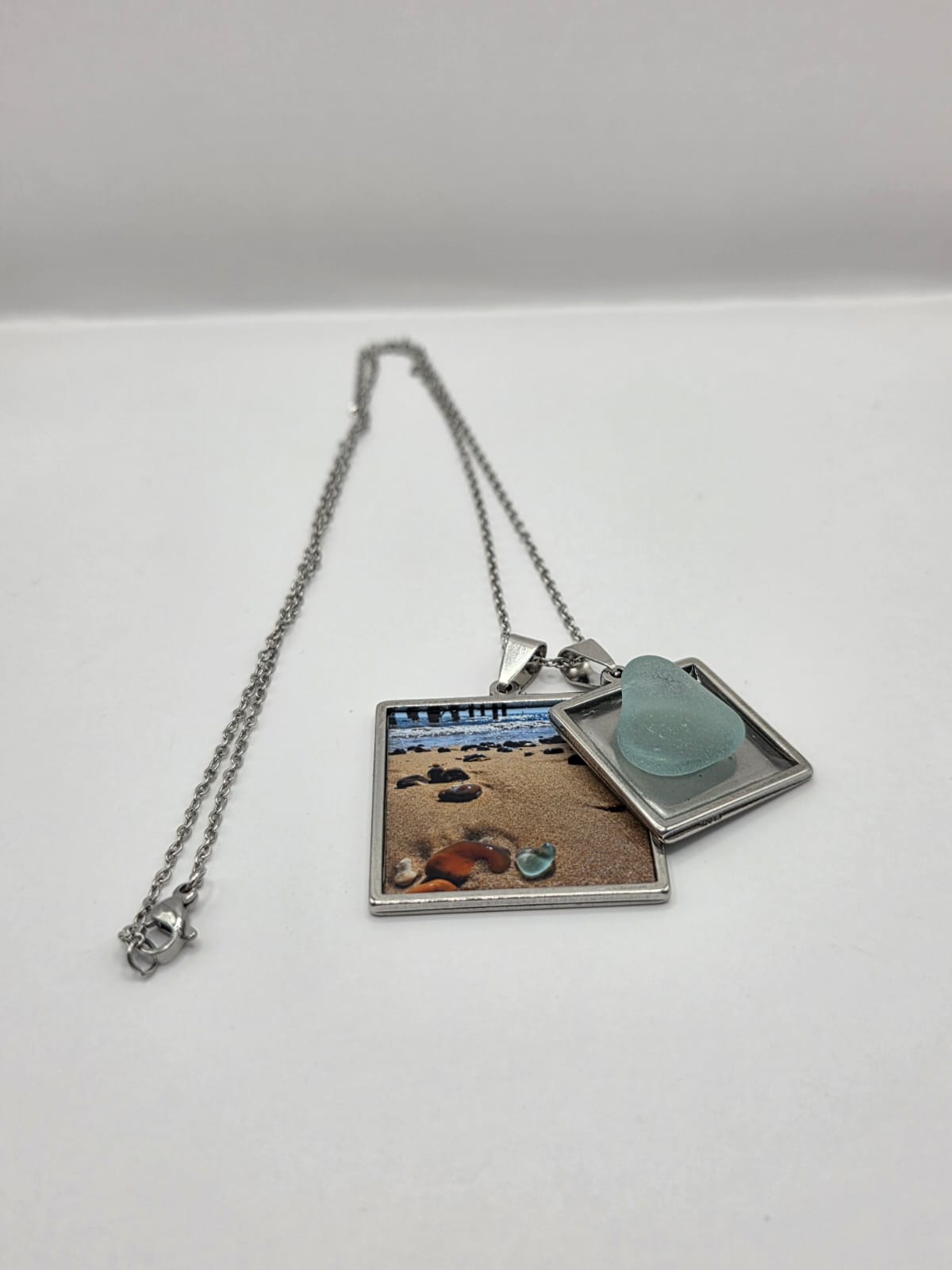 Sea glass and sea glass photo double pendant necklace featuring the actual found piece of sea glass in the photo