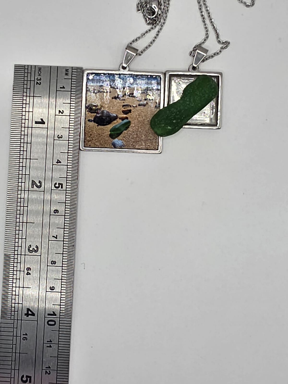 Sea glass and sea glass photo double pendant necklace featuring the actual found piece of sea glass in the photo