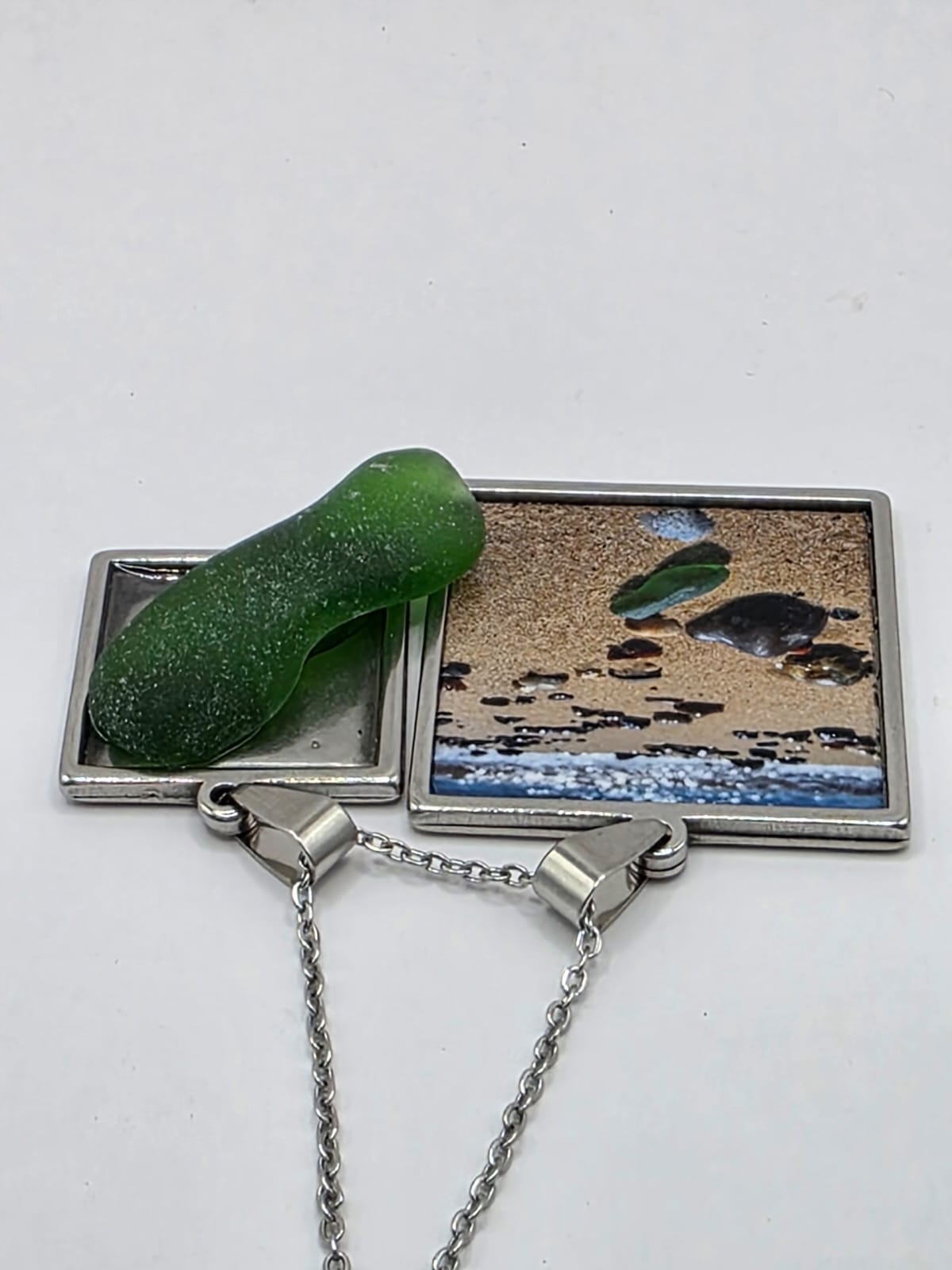 Sea glass and sea glass photo double pendant necklace featuring the actual found piece of sea glass in the photo