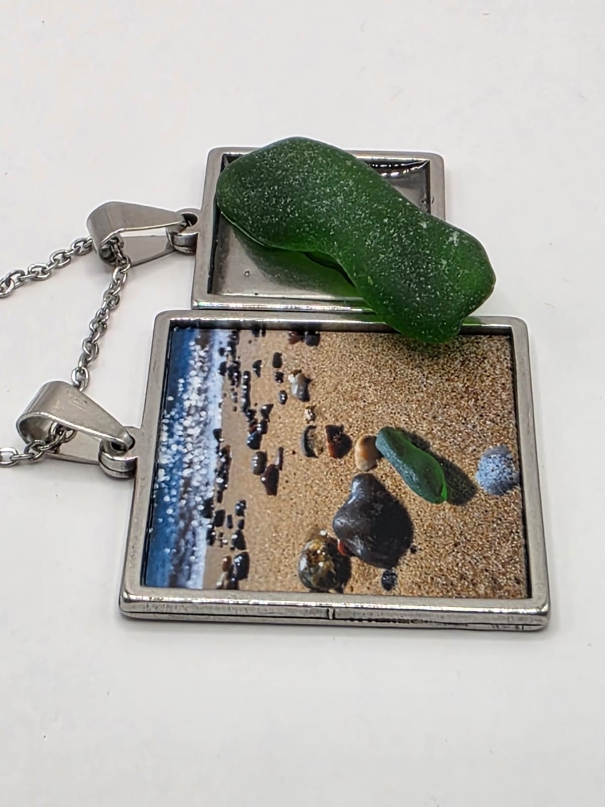 Sea glass and sea glass photo double pendant necklace featuring the actual found piece of sea glass in the photo