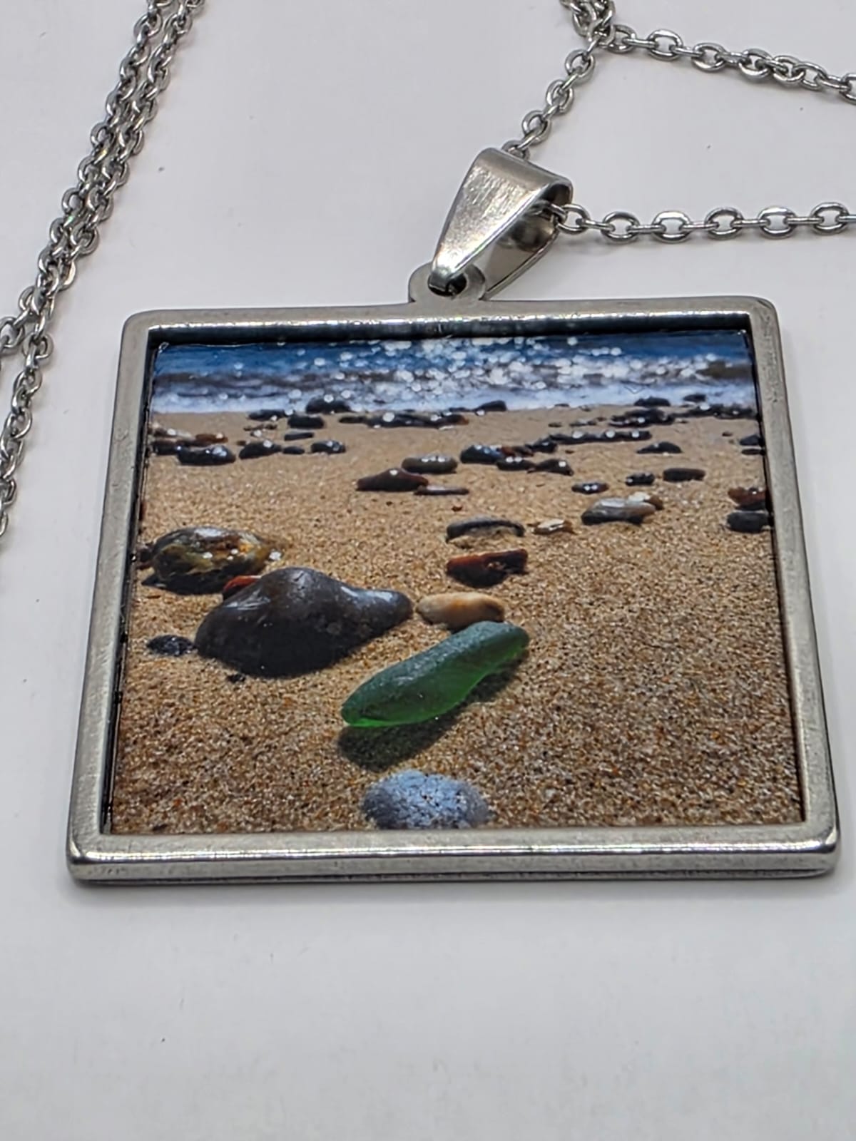 Sea glass and sea glass photo double pendant necklace featuring the actual found piece of sea glass in the photo