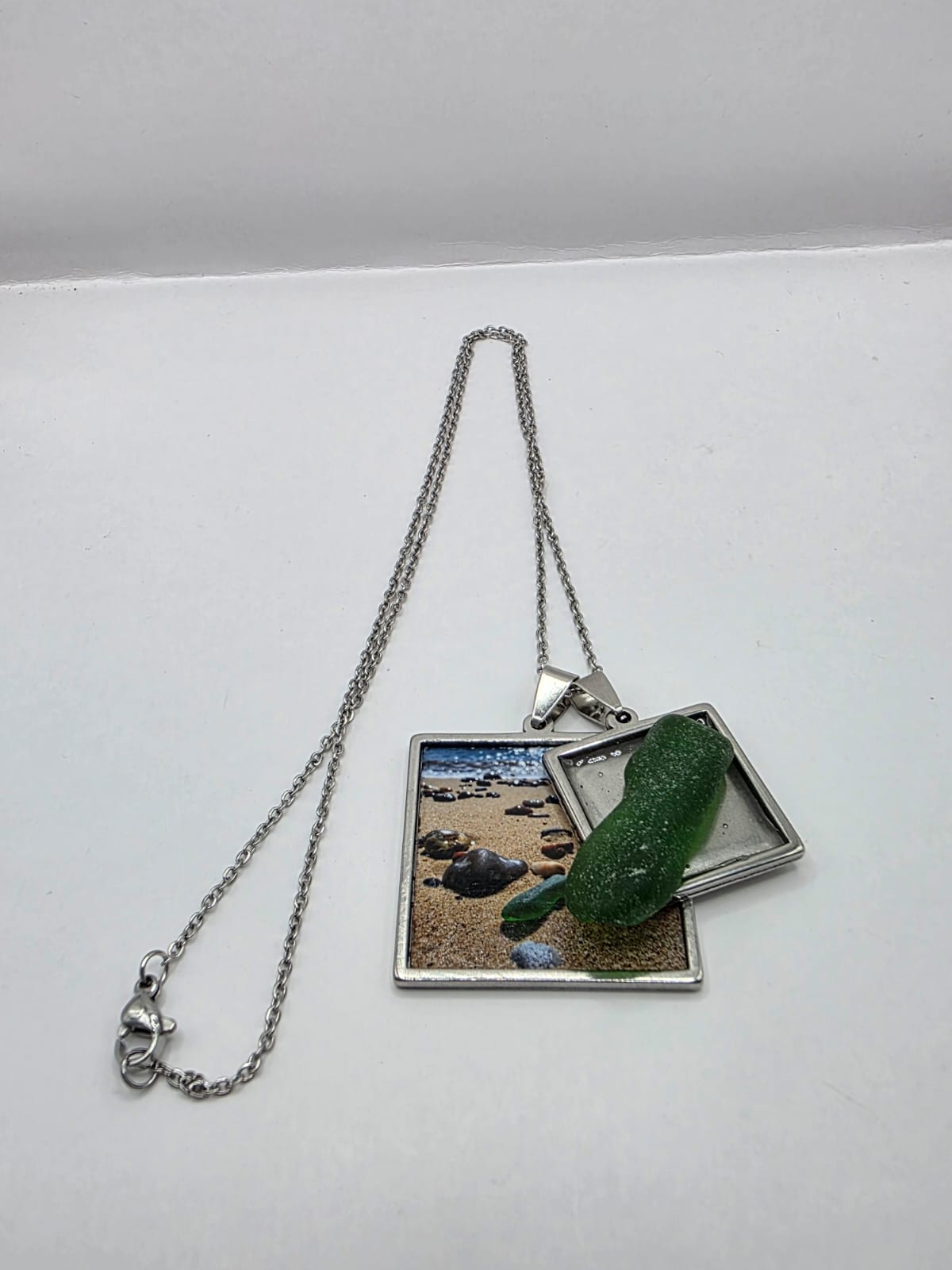 Sea glass and sea glass photo double pendant necklace featuring the actual found piece of sea glass in the photo