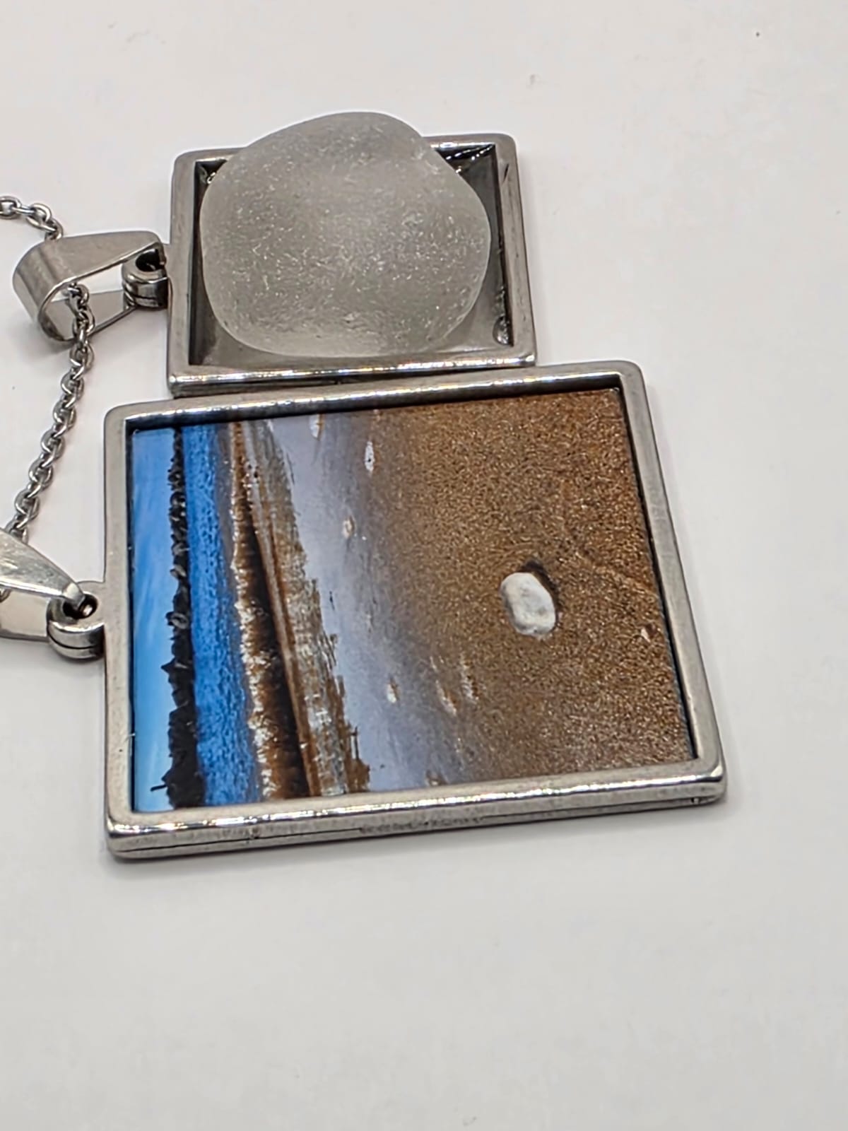 Sea glass and sea glass photo double pendant necklace featuring the actual found piece of sea glass in the photo
