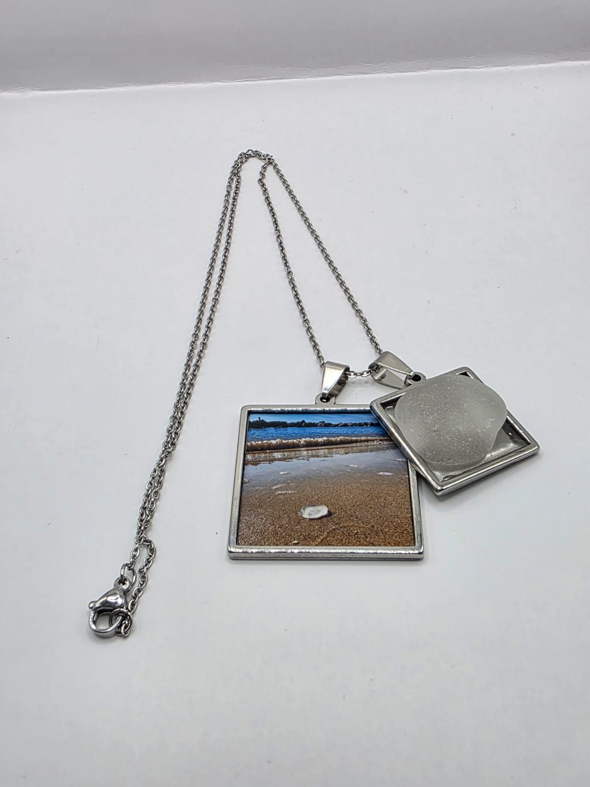 Sea glass and sea glass photo double pendant necklace featuring the actual found piece of sea glass in the photo