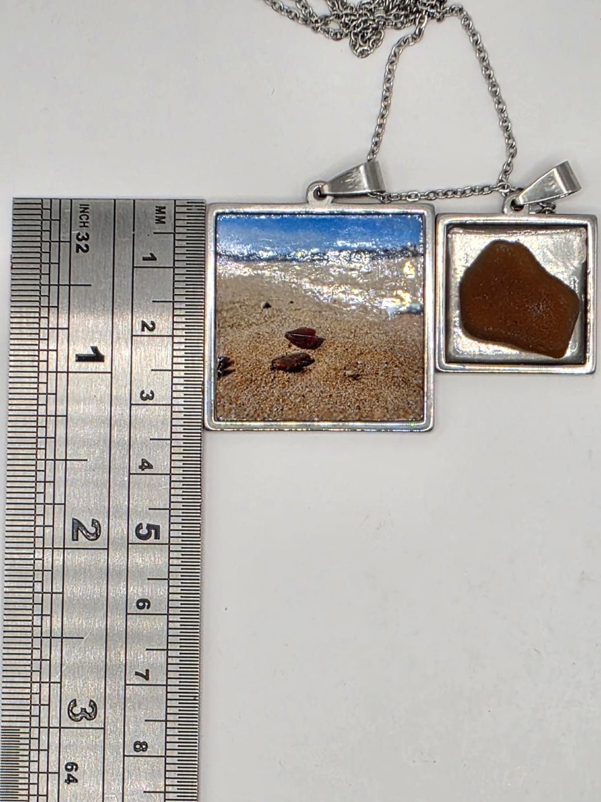 Sea glass and sea glass photo double pendant necklace featuring the actual found piece of sea glass in the photo