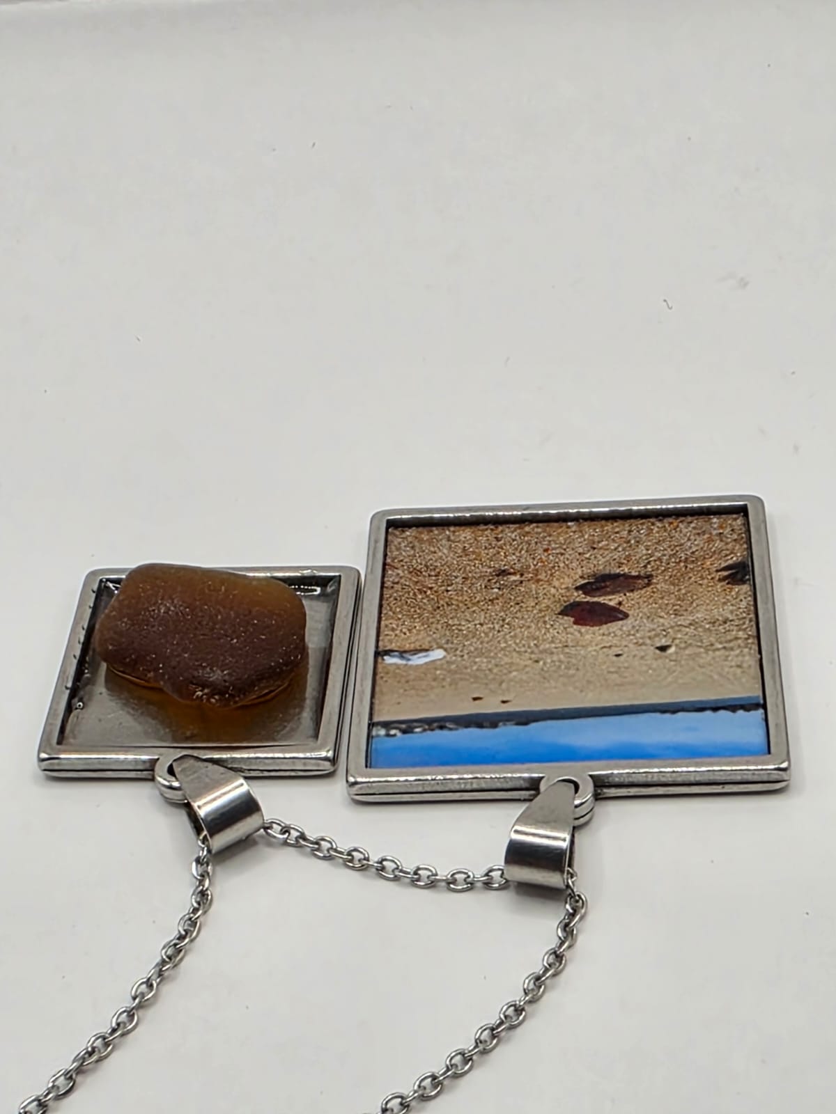 Sea glass and sea glass photo double pendant necklace featuring the actual found piece of sea glass in the photo
