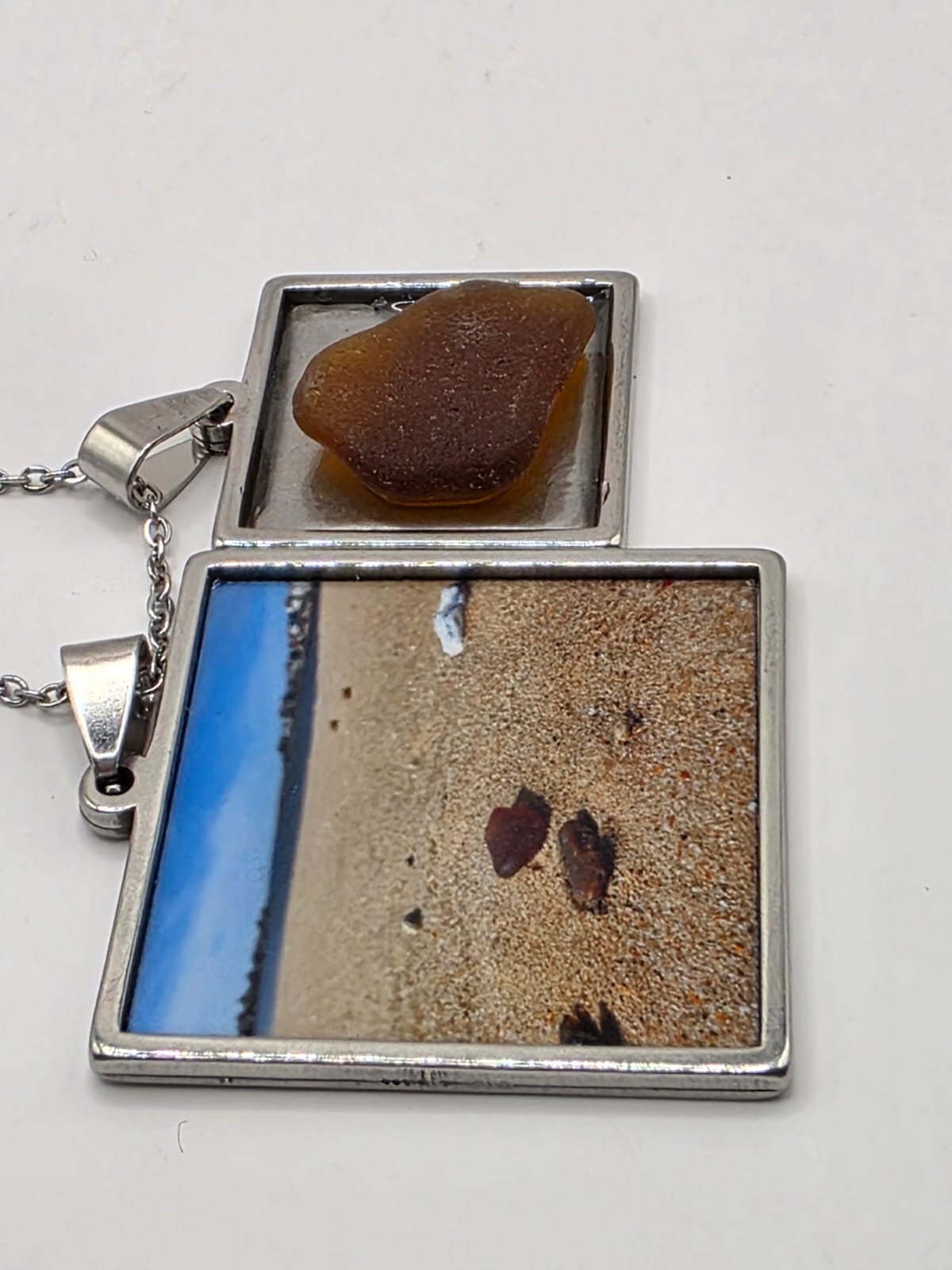 Sea glass and sea glass photo double pendant necklace featuring the actual found piece of sea glass in the photo