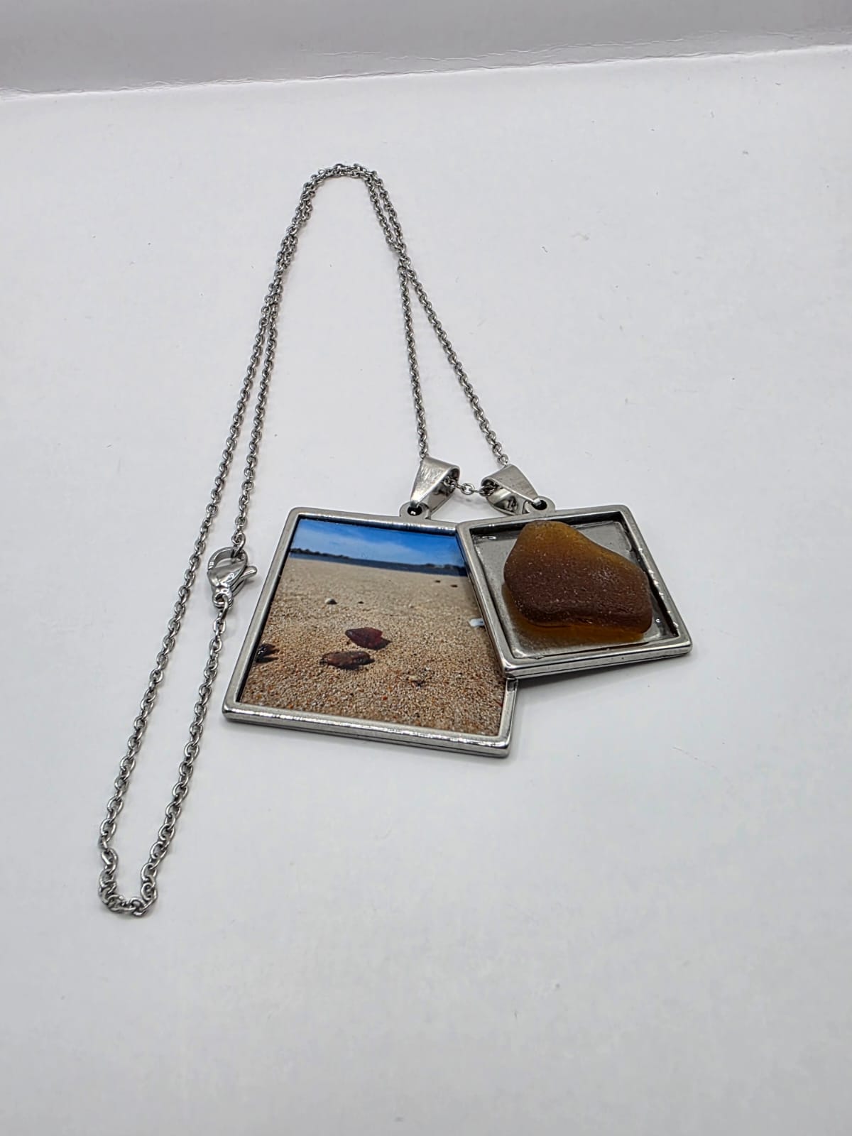 Sea glass and sea glass photo double pendant necklace featuring the actual found piece of sea glass in the photo