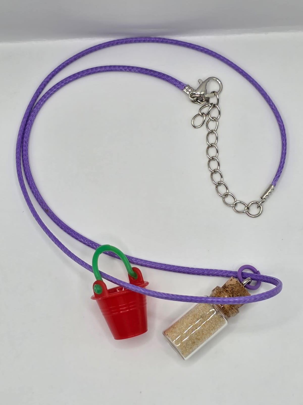 Bucket and real sand vial seaside theme double pendant necklace on adjustable coloured waxed cord