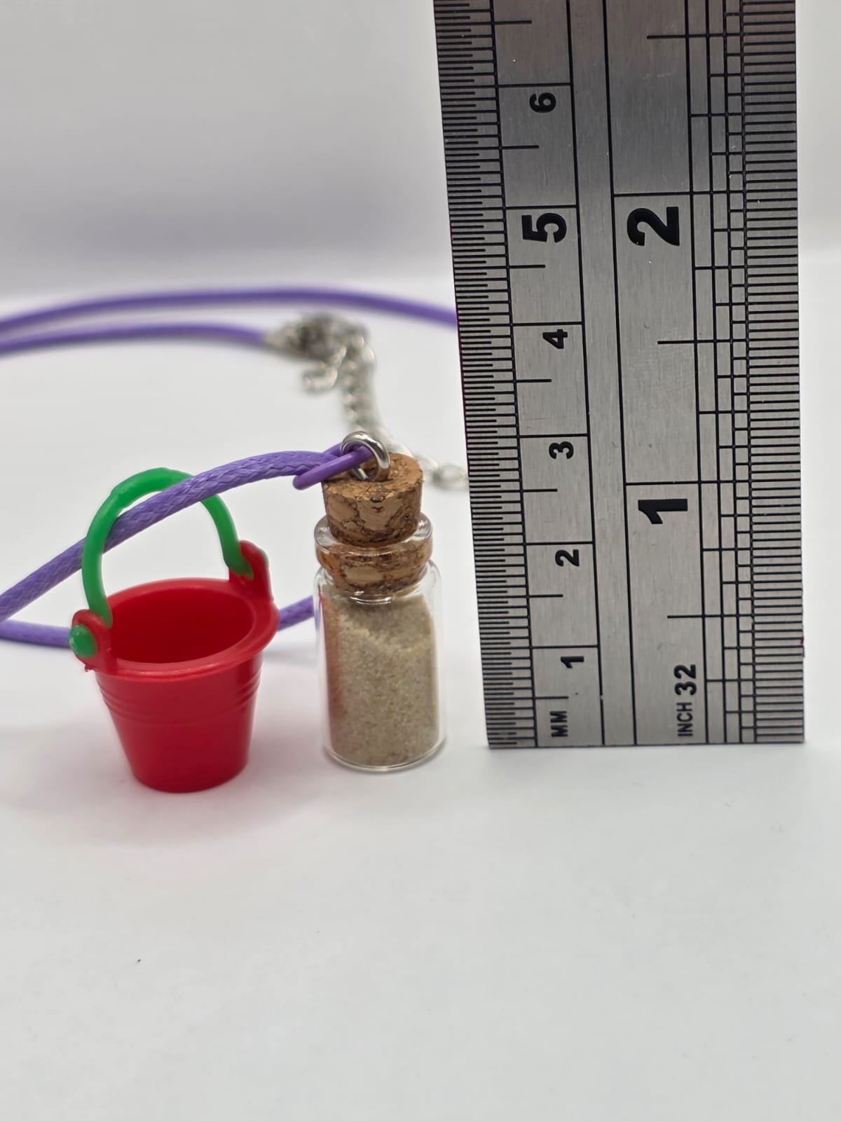 Bucket and real sand vial seaside theme double pendant necklace on adjustable coloured waxed cord