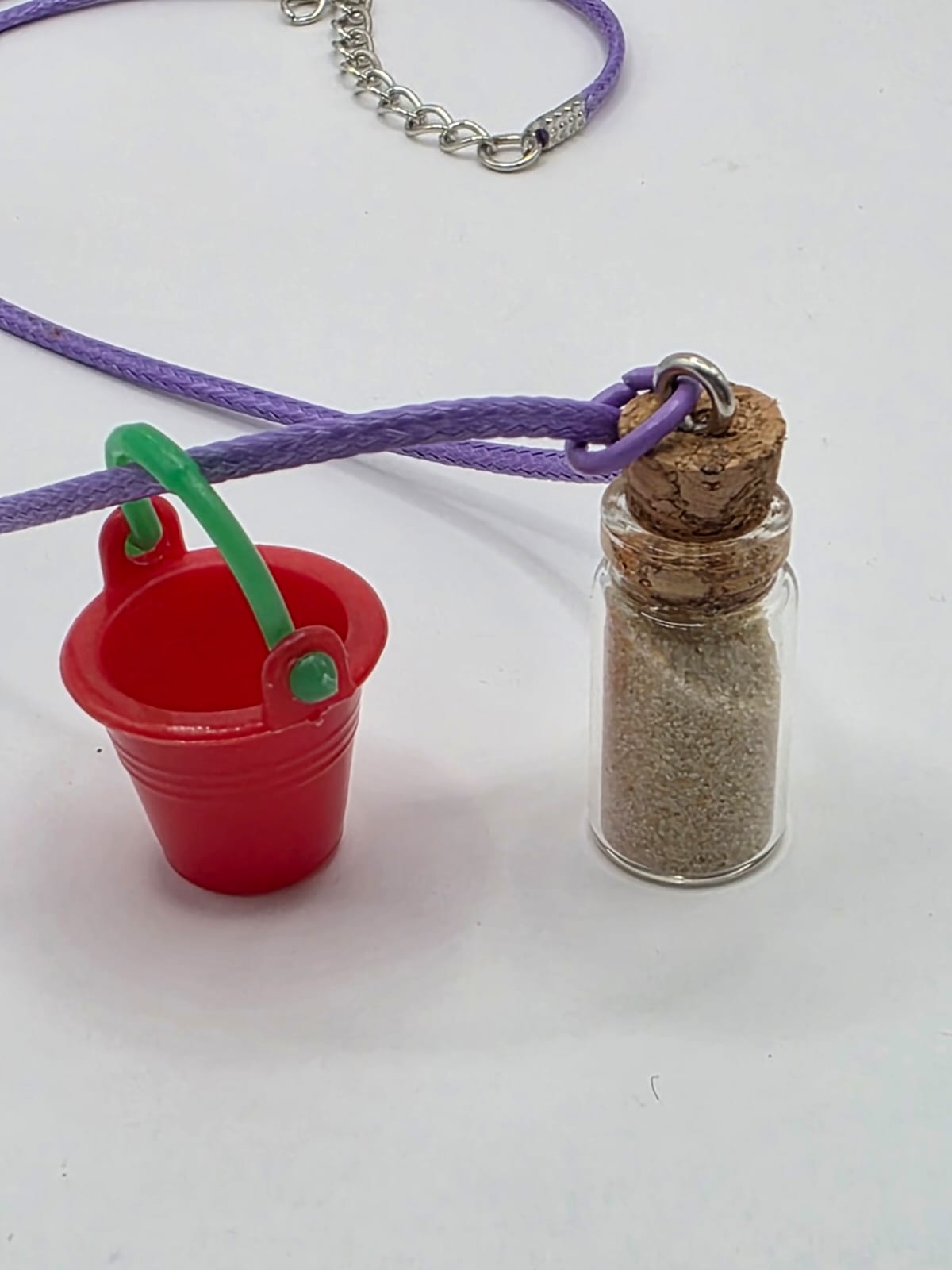 Bucket and real sand vial seaside theme double pendant necklace on adjustable coloured waxed cord
