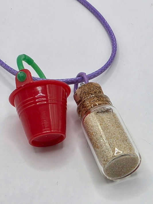 Bucket and real sand vial seaside theme double pendant necklace on adjustable coloured waxed cord