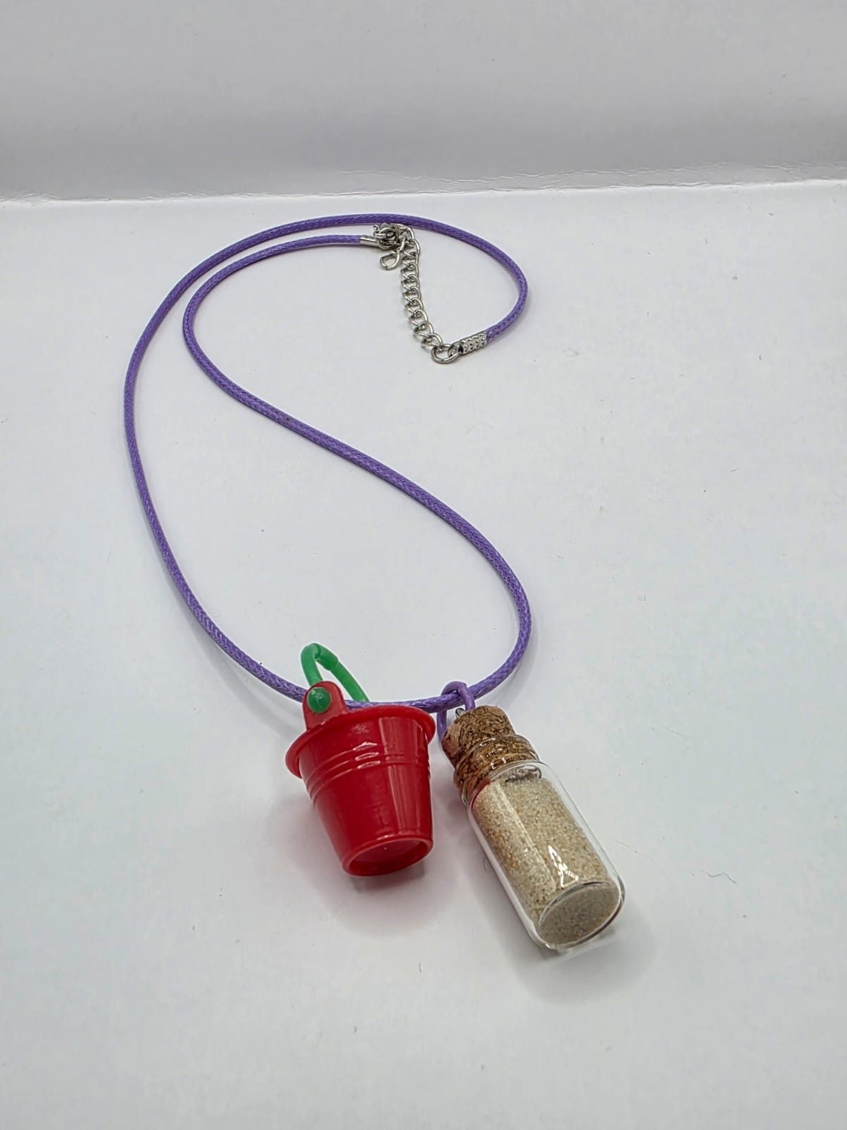 Bucket and real sand vial seaside theme double pendant necklace on adjustable coloured waxed cord