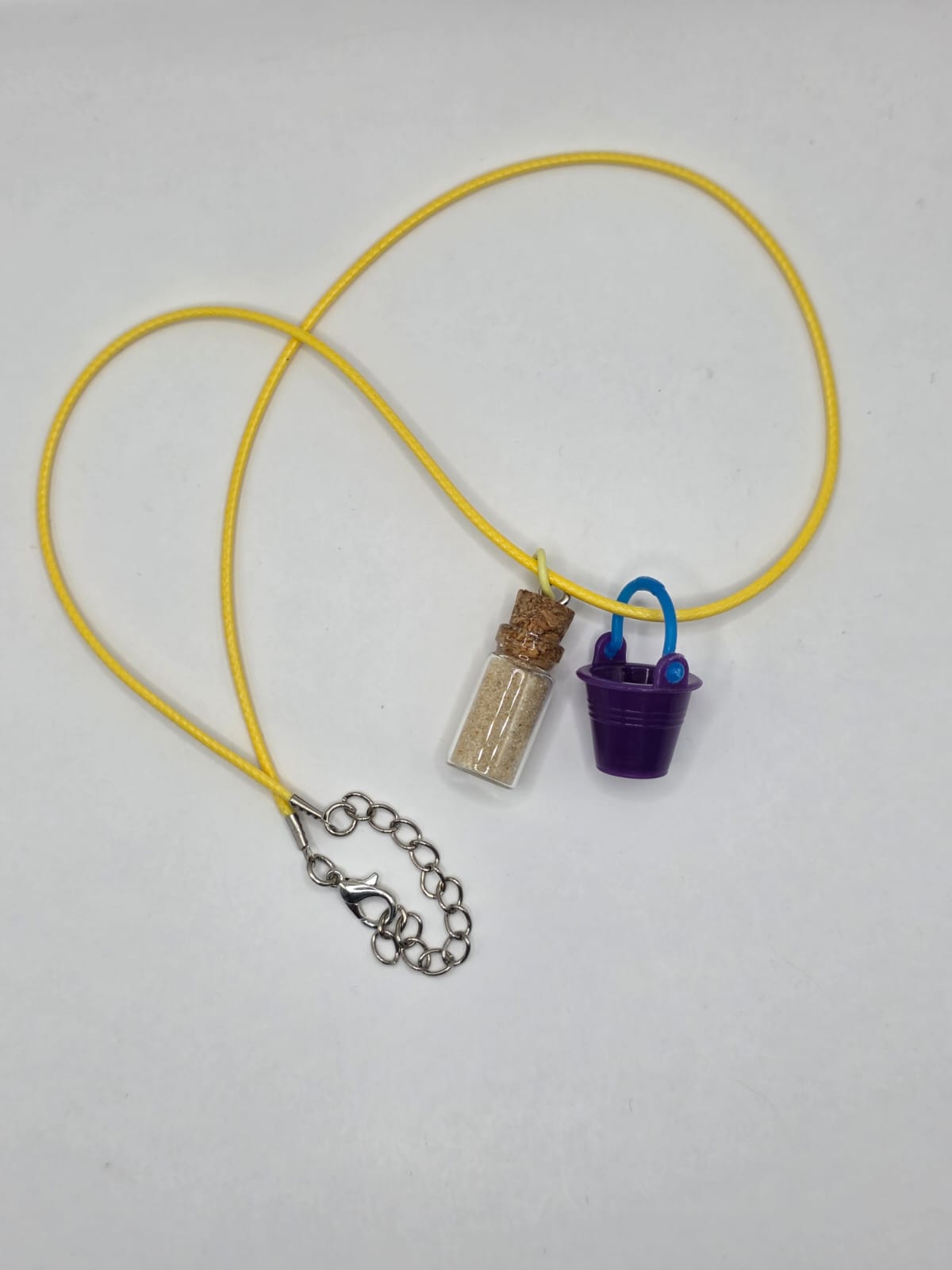 Bucket and real sand vial seaside theme double pendant necklace on adjustable coloured waxed cord