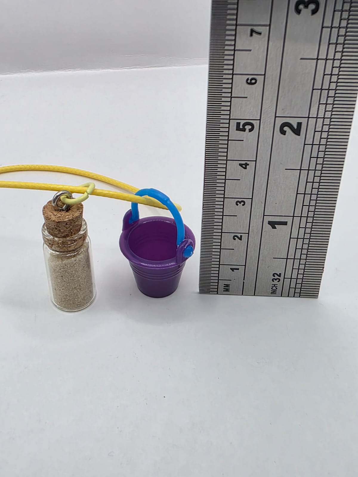 Bucket and real sand vial seaside theme double pendant necklace on adjustable coloured waxed cord