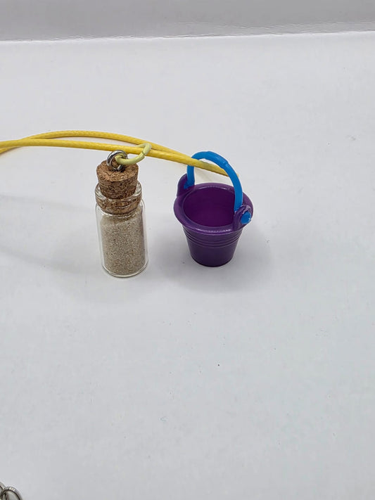 Bucket and real sand vial seaside theme double pendant necklace on adjustable coloured waxed cord