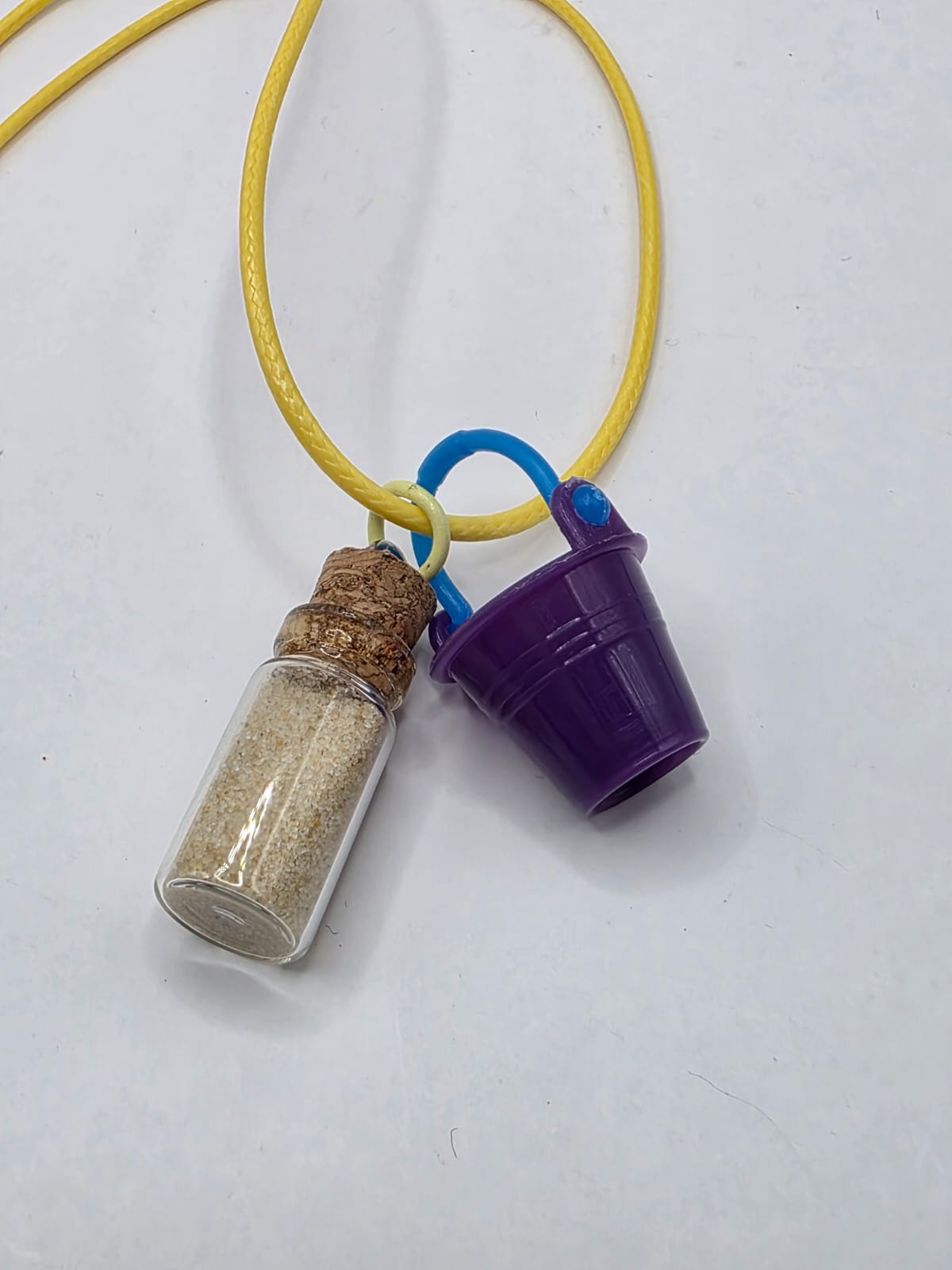 Bucket and real sand vial seaside theme double pendant necklace on adjustable coloured waxed cord