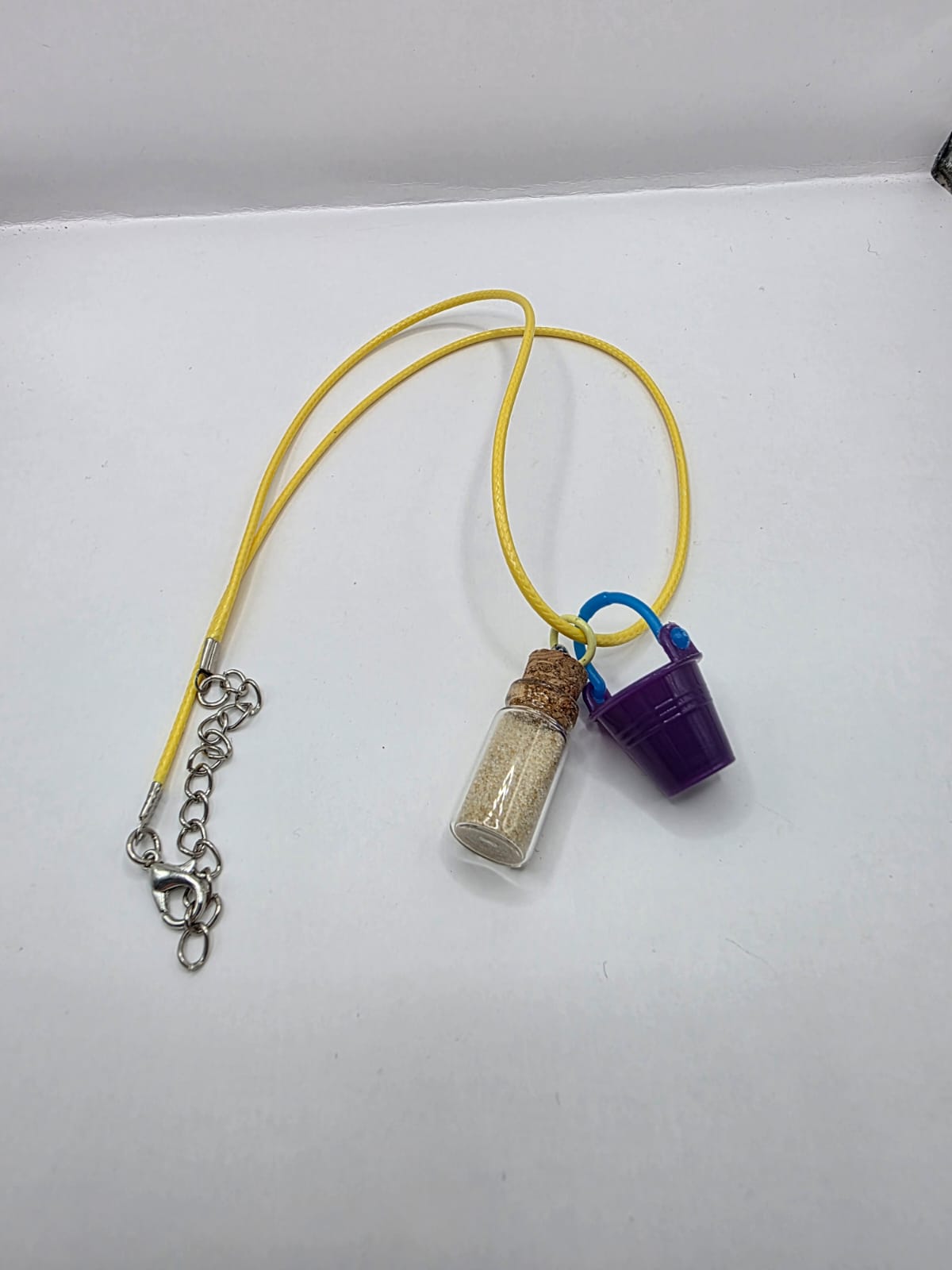 Bucket and real sand vial seaside theme double pendant necklace on adjustable coloured waxed cord