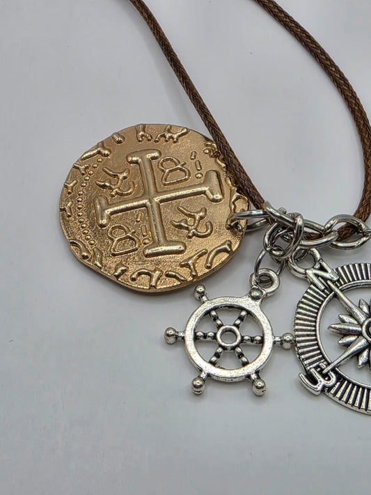 Pirate Treasure Theme Pendant Necklace on brown adjustable waxed cord