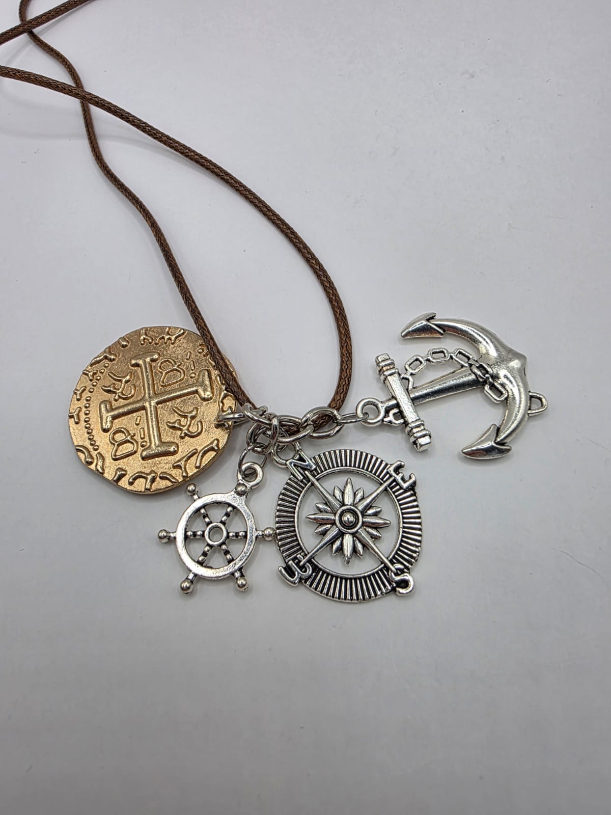 Pirate Treasure Theme Pendant Necklace on brown adjustable waxed cord
