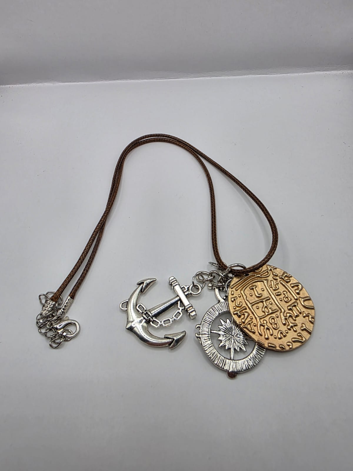 Pirate Treasure Theme Pendant Necklace on brown adjustable waxed cord